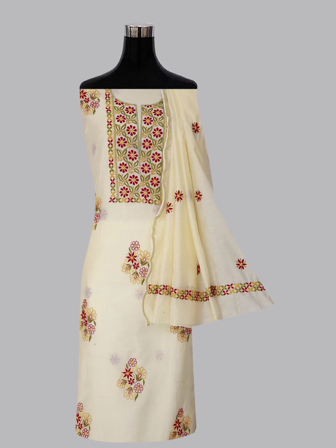 Ada Hand Embroidered Cream Chanderi Lucknowi Chikankari Unstitched Kurta Dupatta Set 01A361767