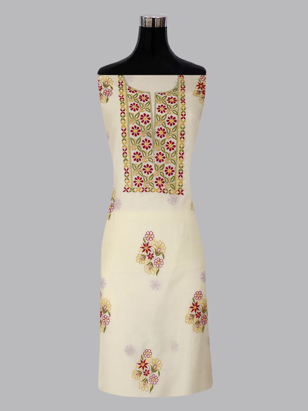 Ada Hand Embroidered Cream Chanderi Lucknowi Chikankari Unstitched Kurta Dupatta Set 01A361767