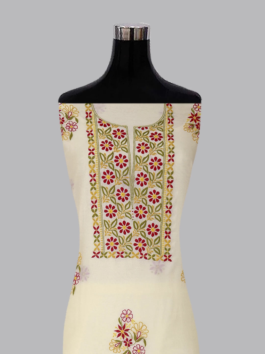 Ada Hand Embroidered Cream Chanderi Lucknowi Chikankari Unstitched Kurta Dupatta Set 01A361767