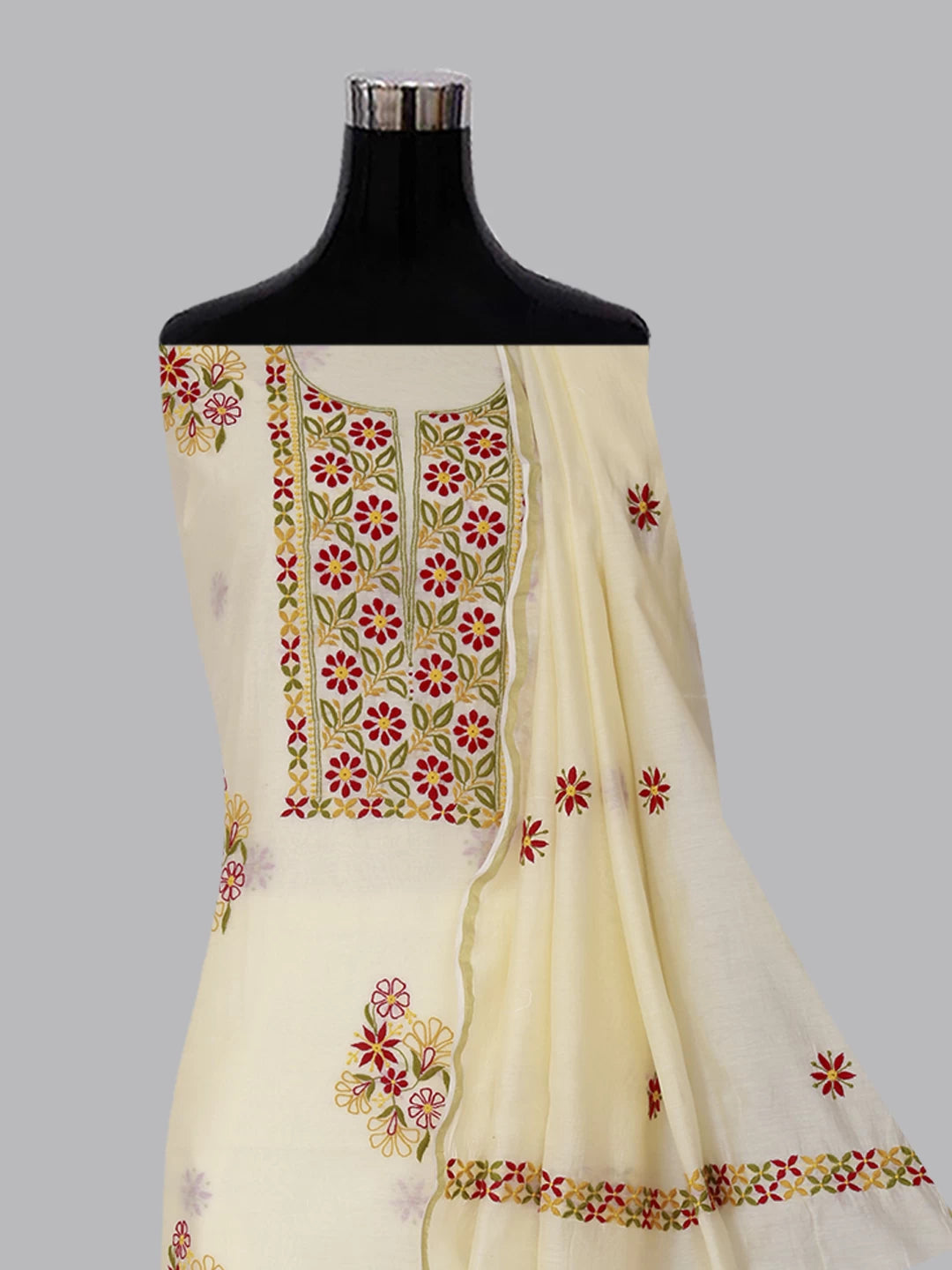 Ada Hand Embroidered Cream Chanderi Lucknowi Chikankari Unstitched Kurta Dupatta Set 01A361767