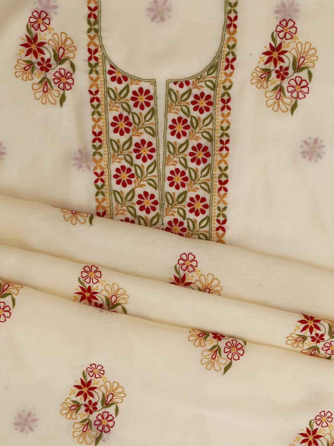 Ada Hand Embroidered Cream Chanderi Lucknowi Chikankari Unstitched Kurta Dupatta Set 01A361767