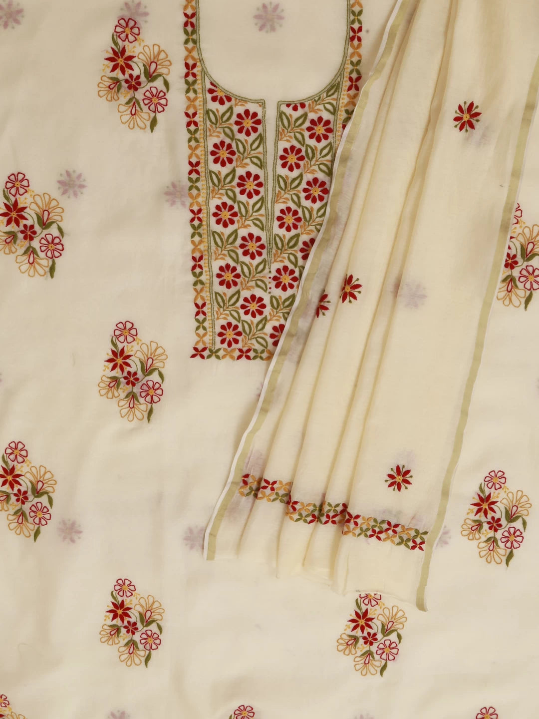 Ada Hand Embroidered Cream Chanderi Lucknowi Chikankari Unstitched Kurta Dupatta Set 01A361767