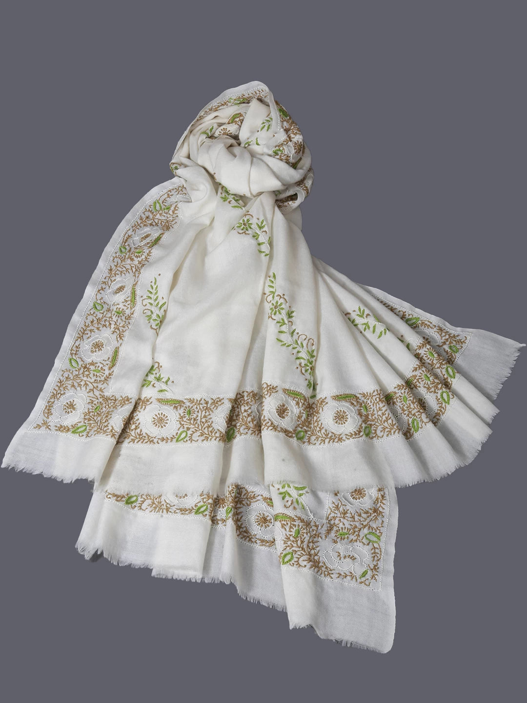 Ada Hand Embroidered Pearl White Woolen Pashmina Lucknowi Chikankari Stole 01A334915