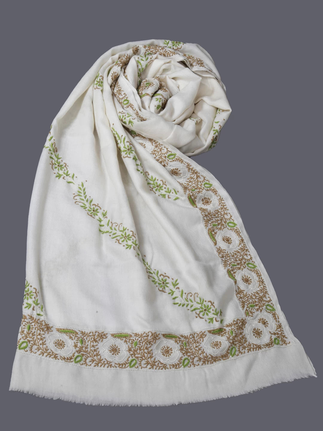 Ada Hand Embroidered Pearl White Woolen Pashmina Lucknowi Chikankari Stole 01A334915