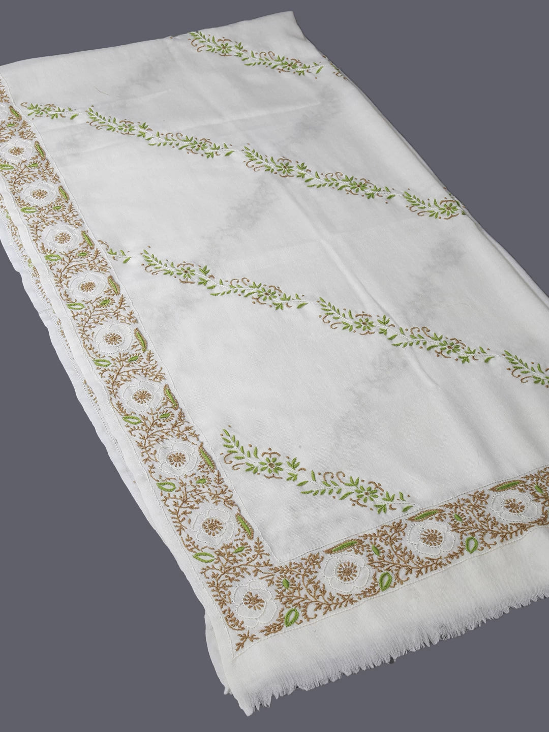 Ada Hand Embroidered Pearl White Woolen Pashmina Lucknowi Chikankari Stole 01A334915