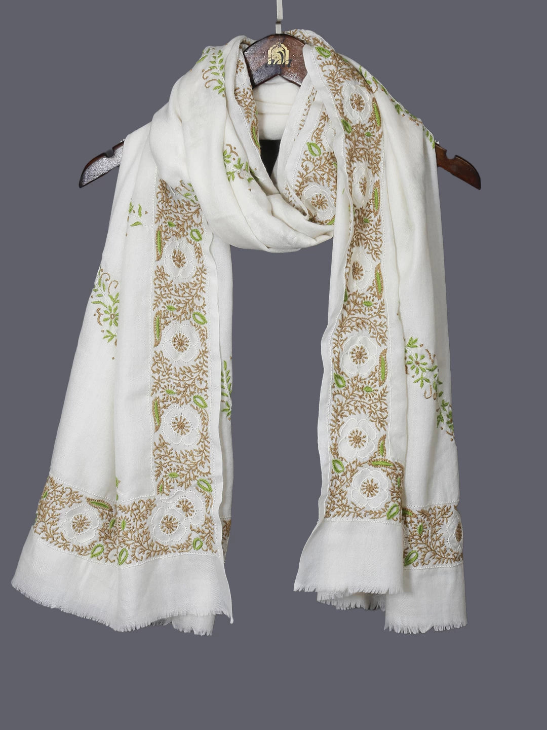 Ada Hand Embroidered Pearl White Woolen Pashmina Lucknowi Chikankari Stole 01A334915