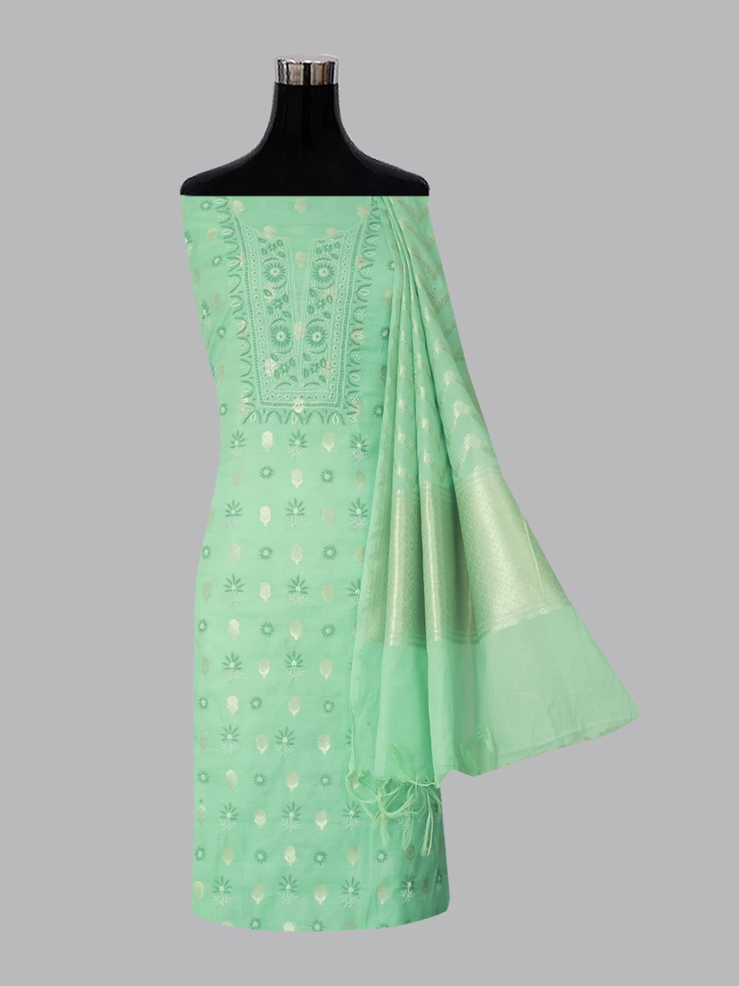 Ada Hand Embroidered Seafoam Green Chanderi Lucknowi Chikankari Unstitched Suit Piece 01A313762