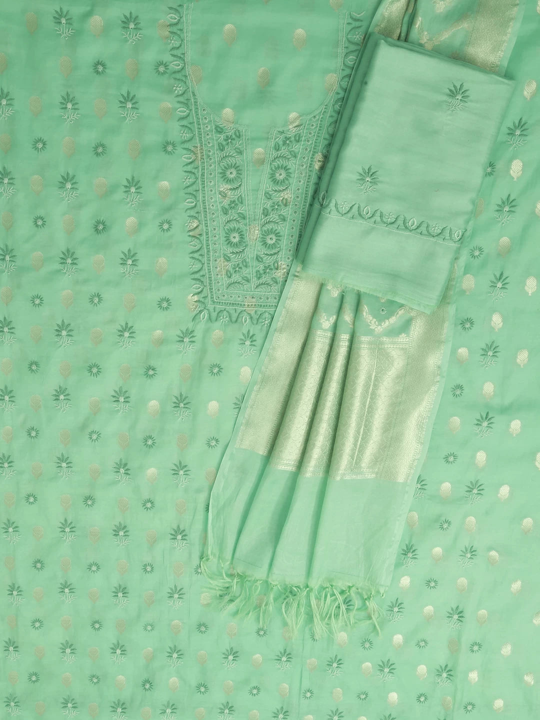 Ada Hand Embroidered Seafoam Green Chanderi Lucknowi Chikankari Unstitched Suit Piece 01A313762