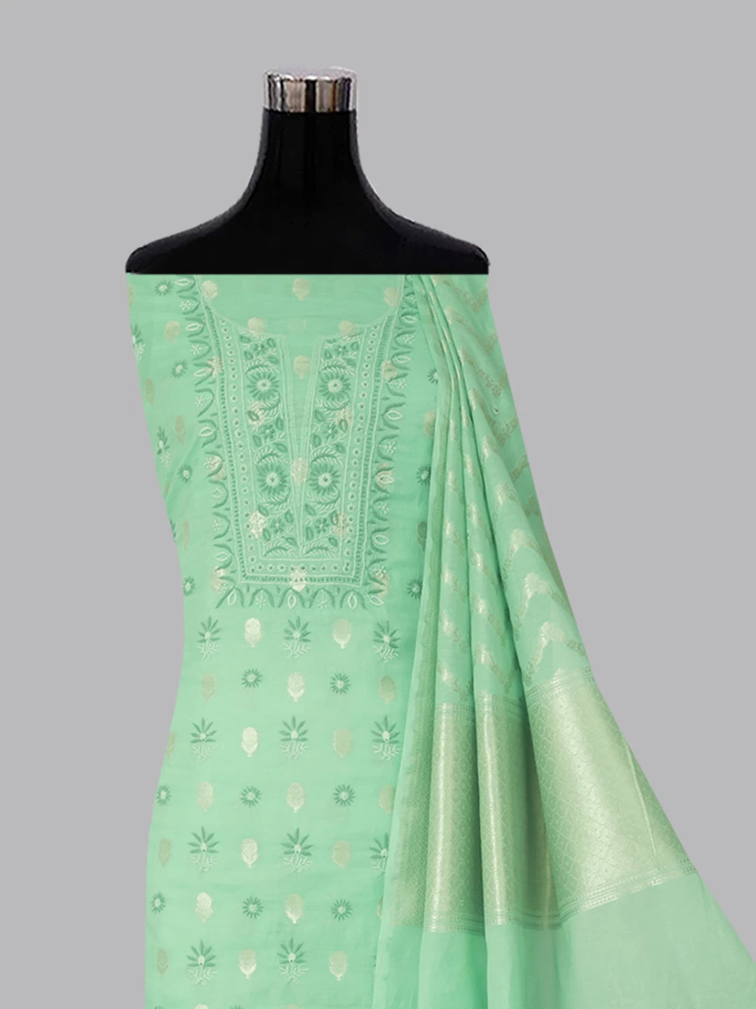 Ada Hand Embroidered Seafoam Green Chanderi Lucknowi Chikankari Unstitched Suit Piece 01A313762