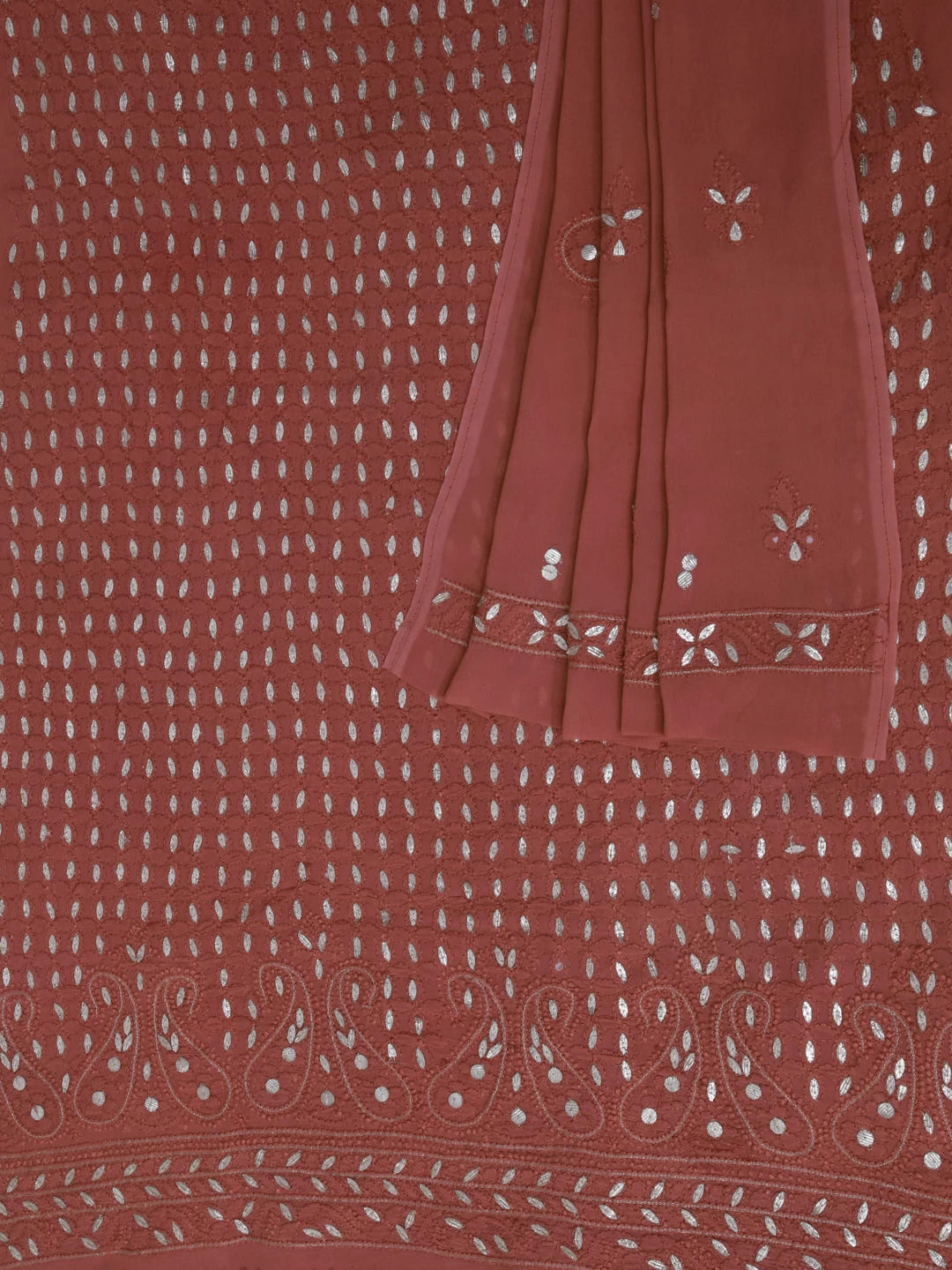Ada Hand Embroidered Dusty Peach Viscose Georgette Lucknowi Chikankari Unstitched Kurta Dupatta Set With Gota Patti Work 01A115327