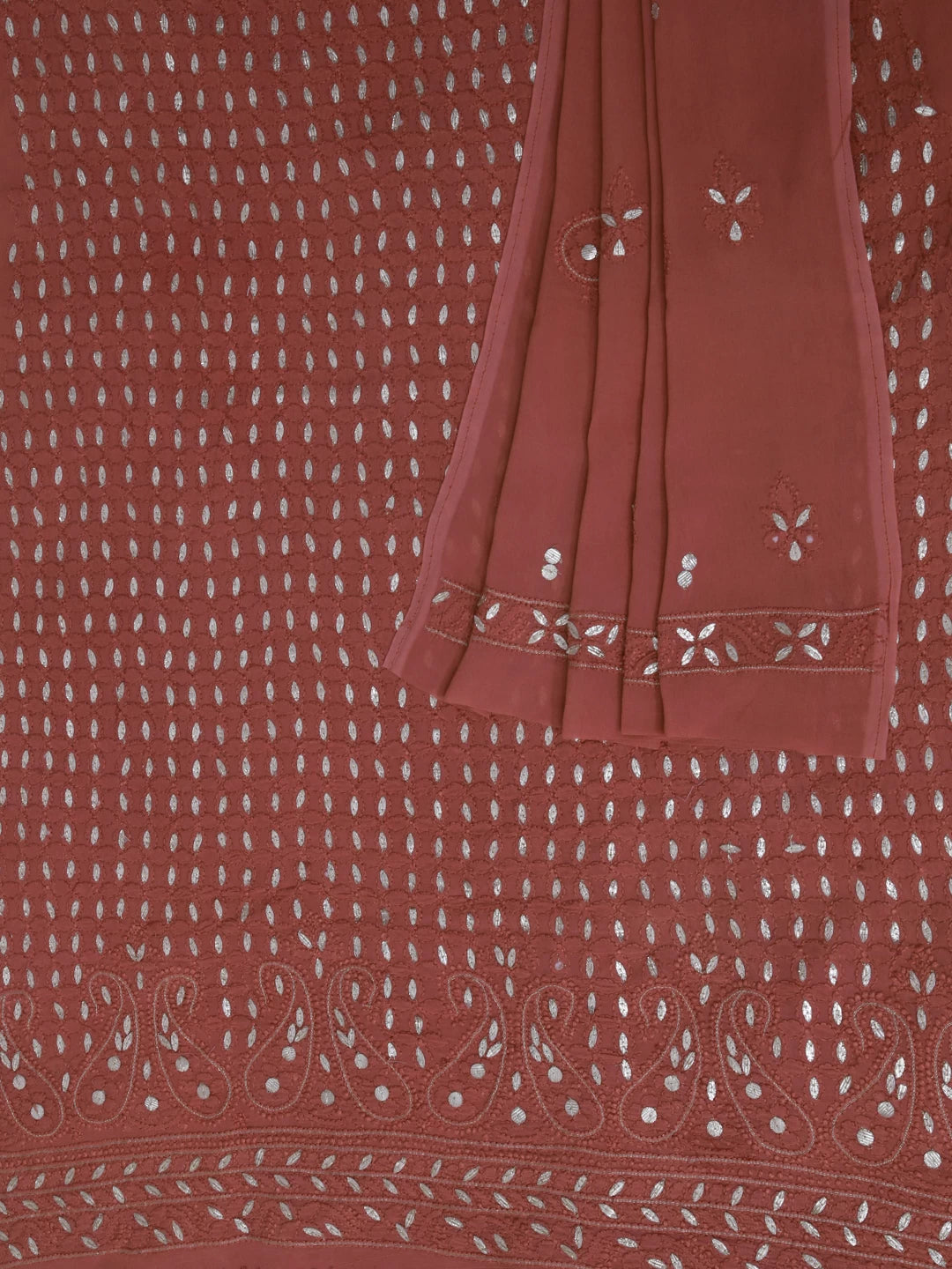 Ada Hand Embroidered Dusty Peach Viscose Georgette Lucknowi Chikankari Unstitched Kurta Dupatta Set With Gota Patti Work 01A115327