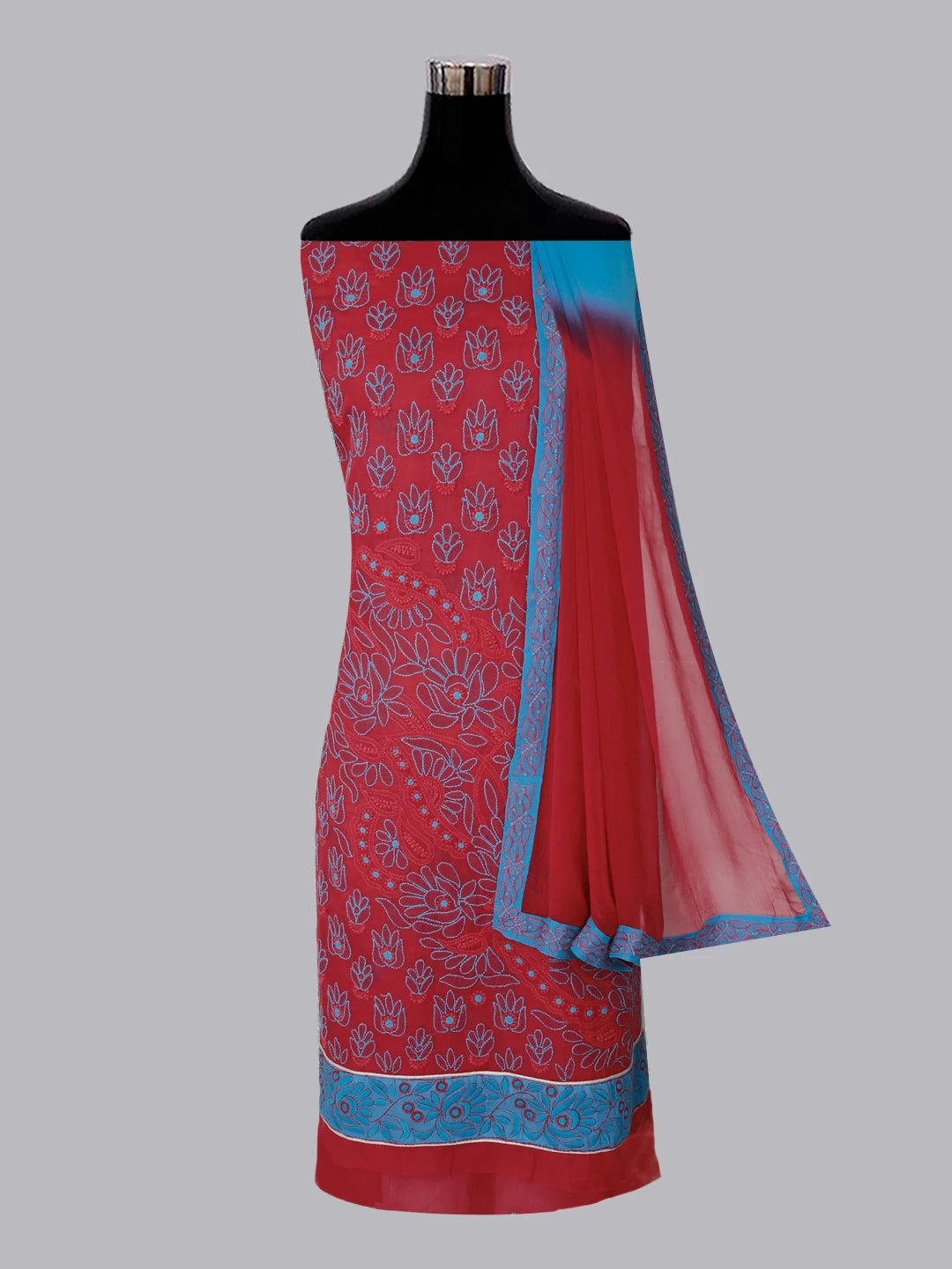Ada Hand Embroidered Dark Pink Cotton Lucknowi Chikankari Unstitched Suit Piece 01A373573