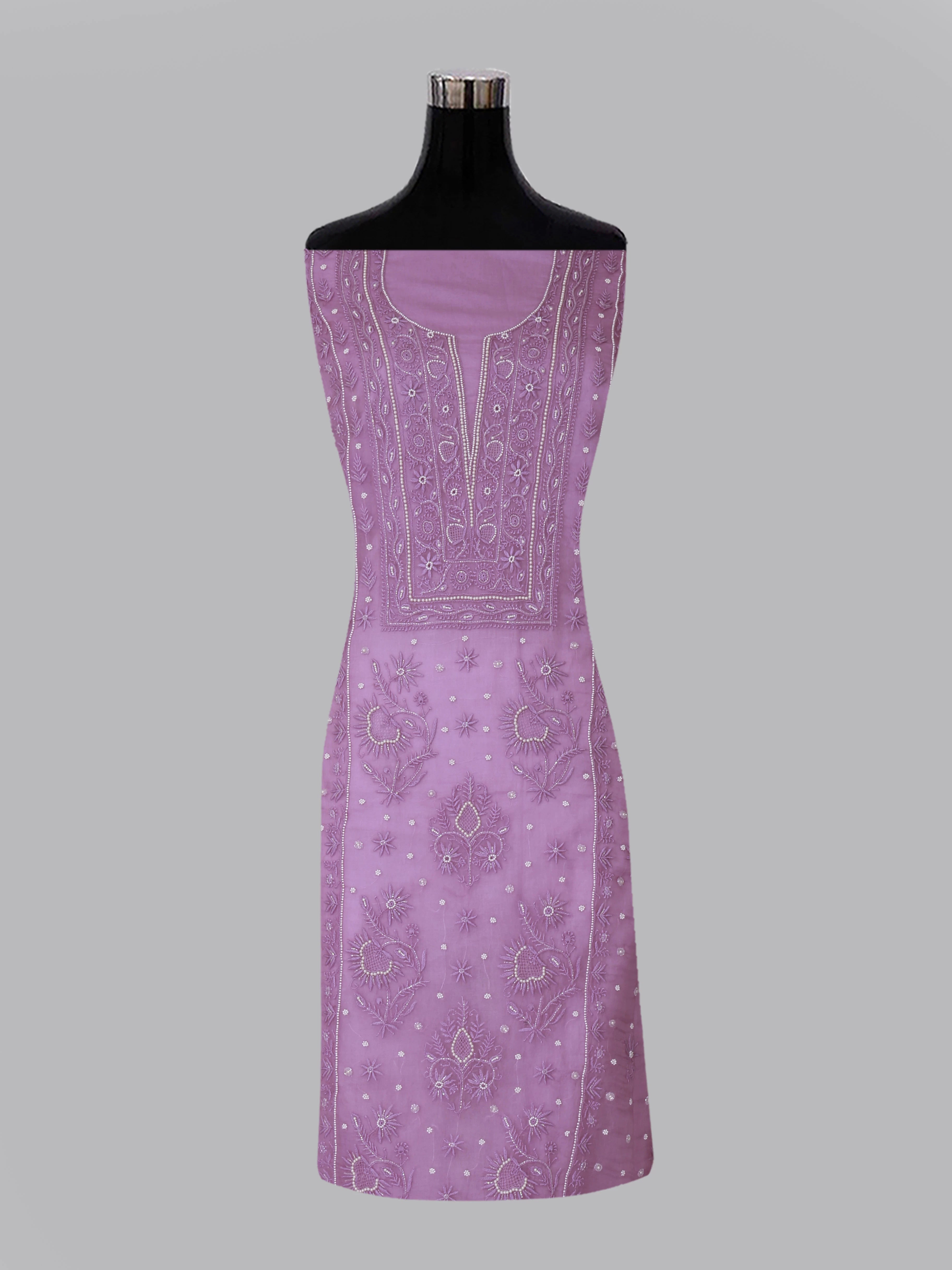Ada Hand Embroidered Onion Pink Organza Lucknowi Chikankari Unstitched Kurta Dupatta Set With Pearl Work 01A409538