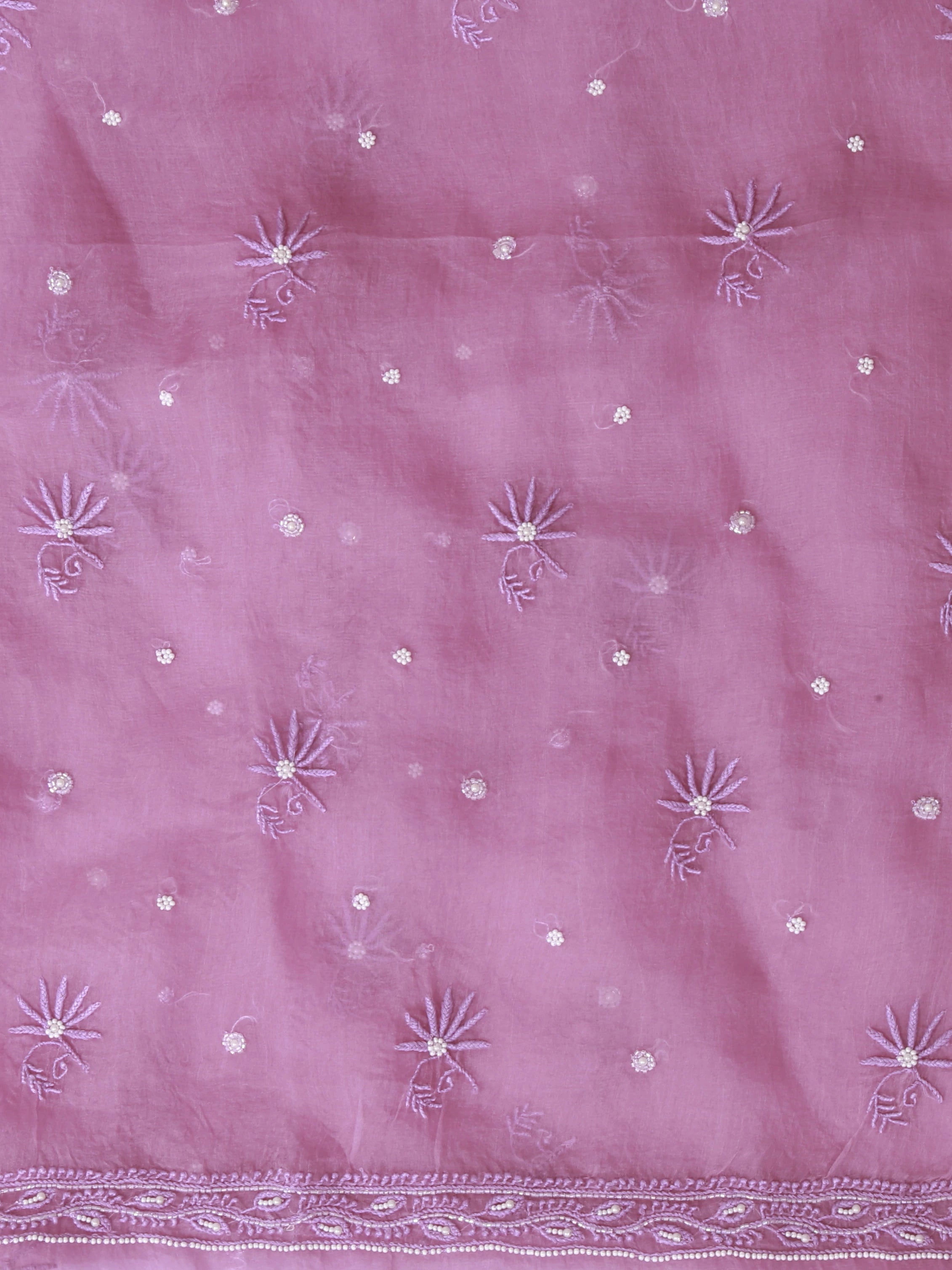Ada Hand Embroidered Onion Pink Organza Lucknowi Chikankari Unstitched Kurta Dupatta Set With Pearl Work 01A409538