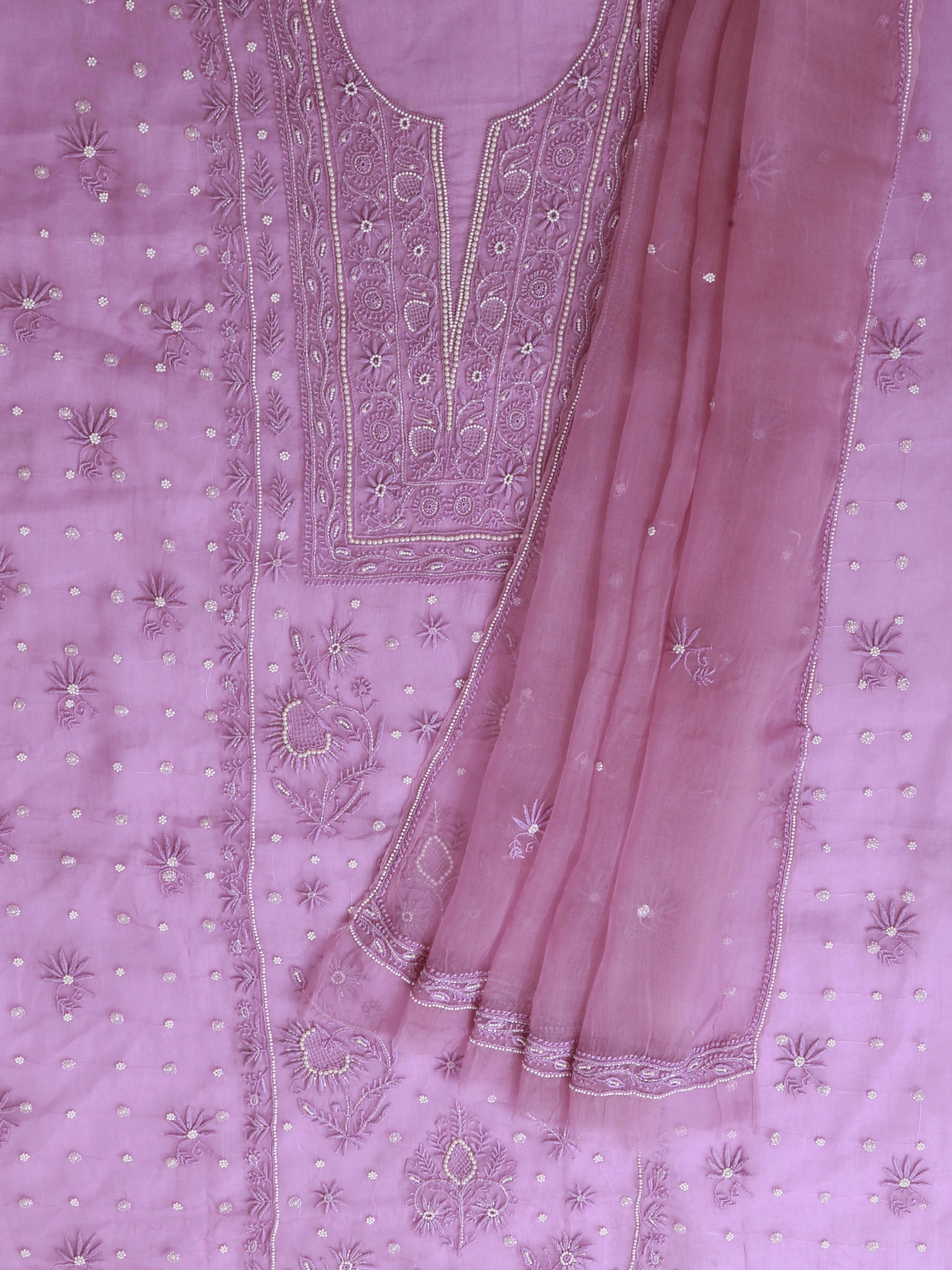 Ada Hand Embroidered Onion Pink Organza Lucknowi Chikankari Unstitched Kurta Dupatta Set With Pearl Work 01A409538