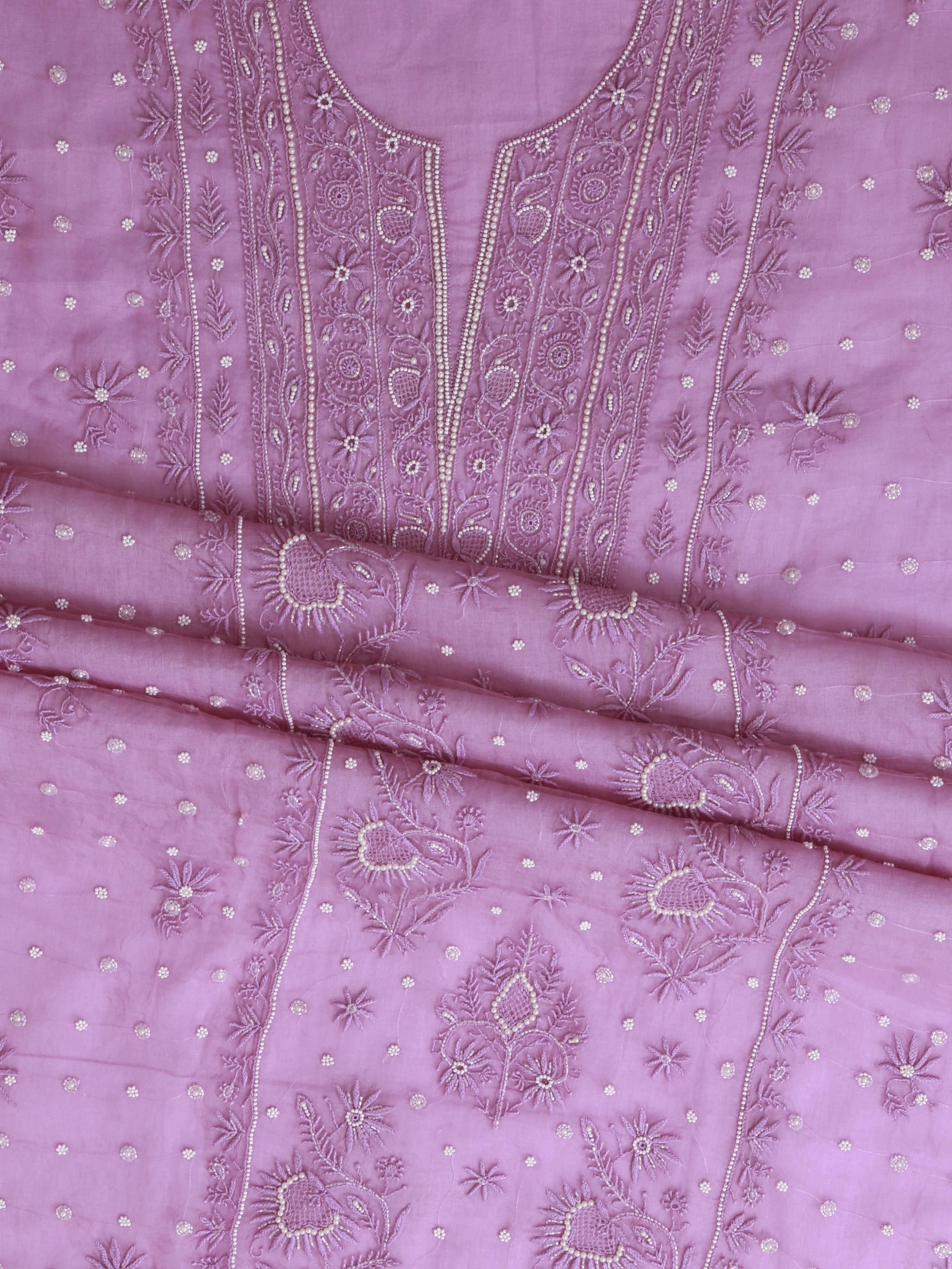 Ada Hand Embroidered Onion Pink Organza Lucknowi Chikankari Unstitched Kurta Dupatta Set With Pearl Work 01A409538