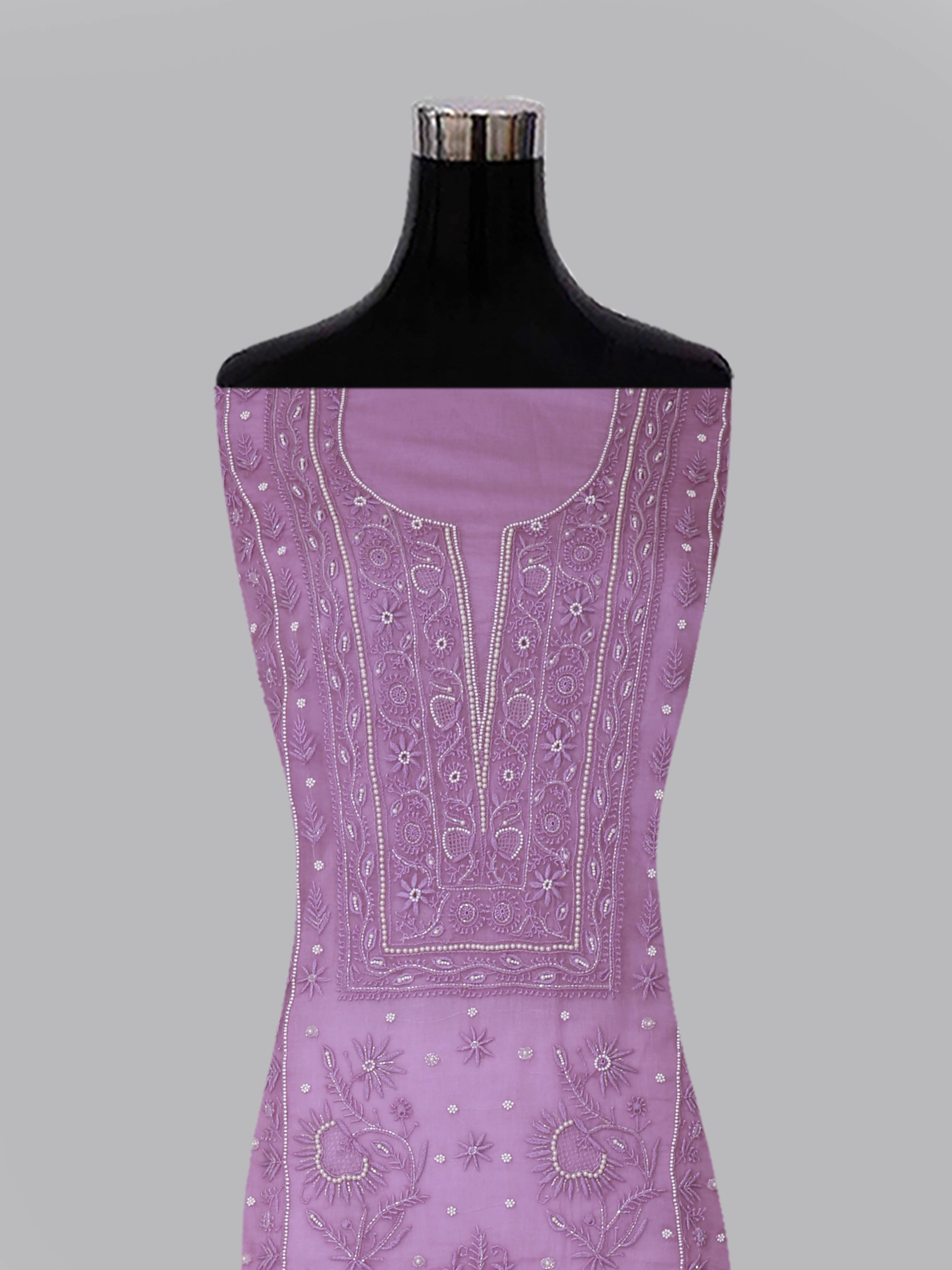 Ada Hand Embroidered Onion Pink Organza Lucknowi Chikankari Unstitched Kurta Dupatta Set With Pearl Work 01A409538