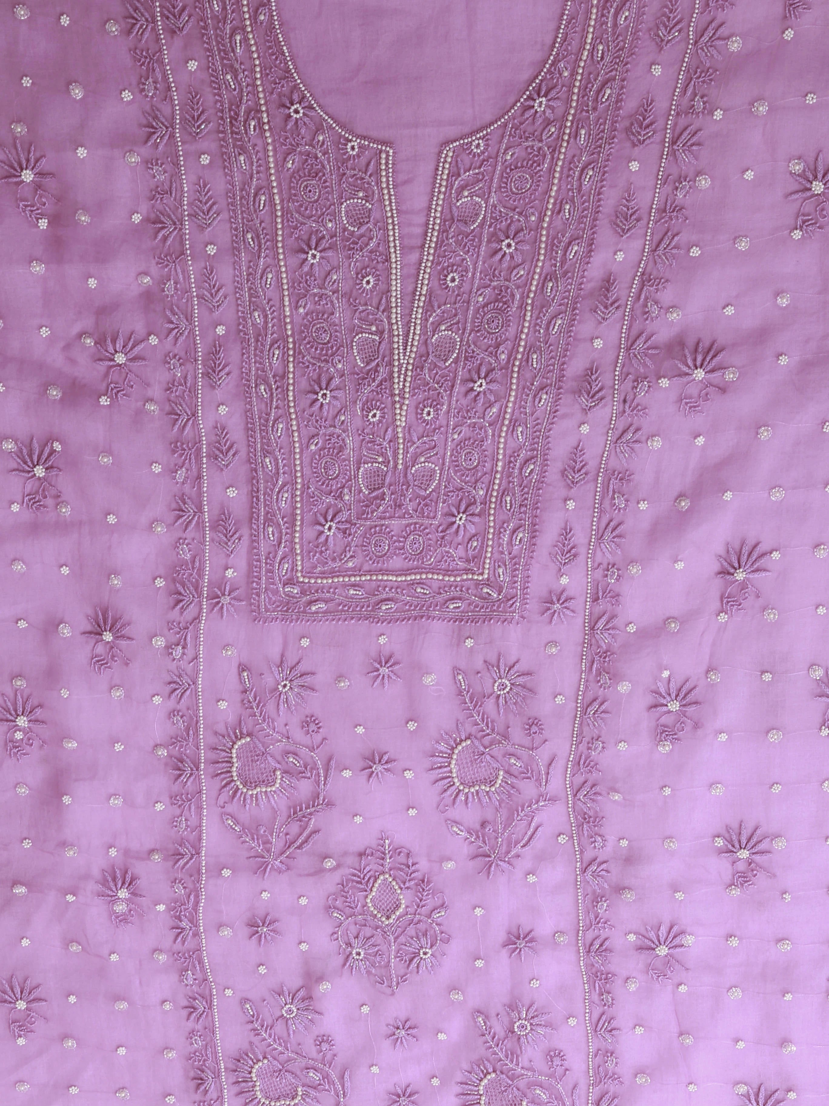 Ada Hand Embroidered Onion Pink Organza Lucknowi Chikankari Unstitched Kurta Dupatta Set With Pearl Work 01A409538