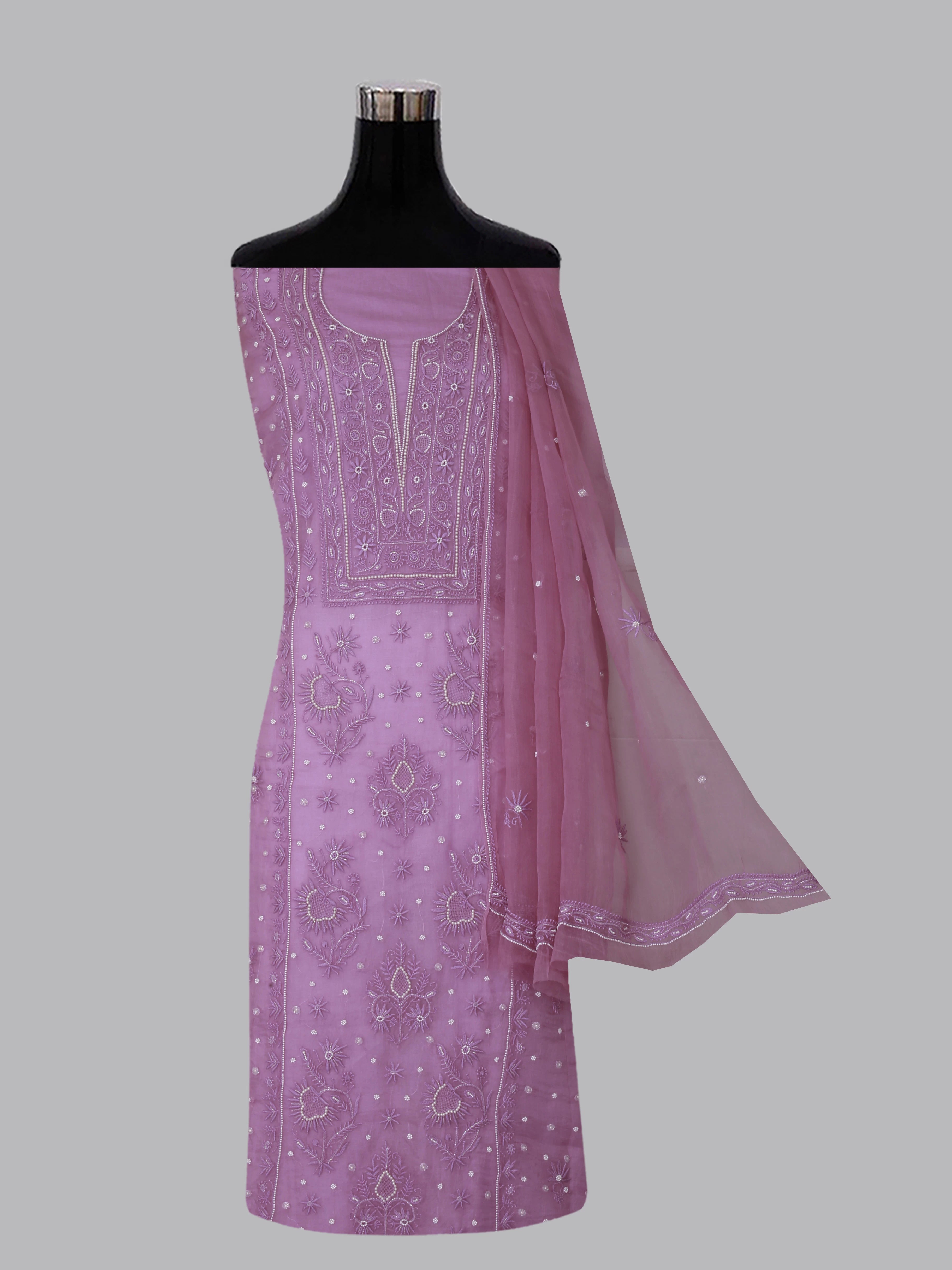 Ada Hand Embroidered Onion Pink Organza Lucknowi Chikankari Unstitched Kurta Dupatta Set With Pearl Work 01A409538