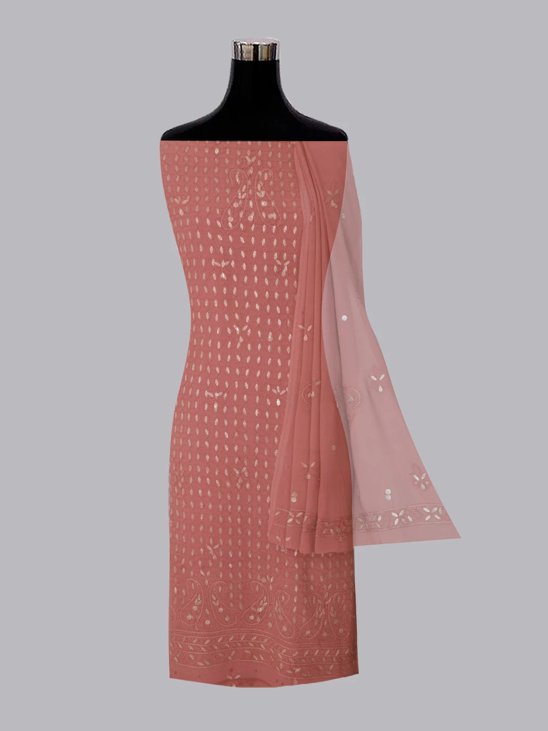 Ada Hand Embroidered Dusty Peach Viscose Georgette Lucknowi Chikankari Unstitched Kurta Dupatta Set With Gota Patti Work 01A115327