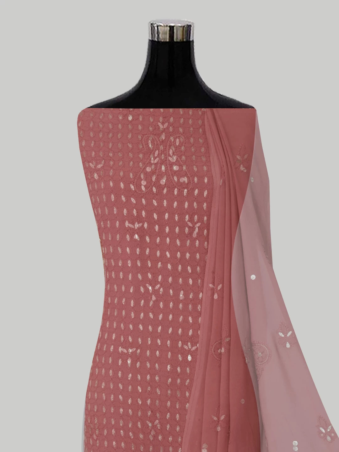 Ada Hand Embroidered Dusty Peach Viscose Georgette Lucknowi Chikankari Unstitched Kurta Dupatta Set With Gota Patti Work 01A115327