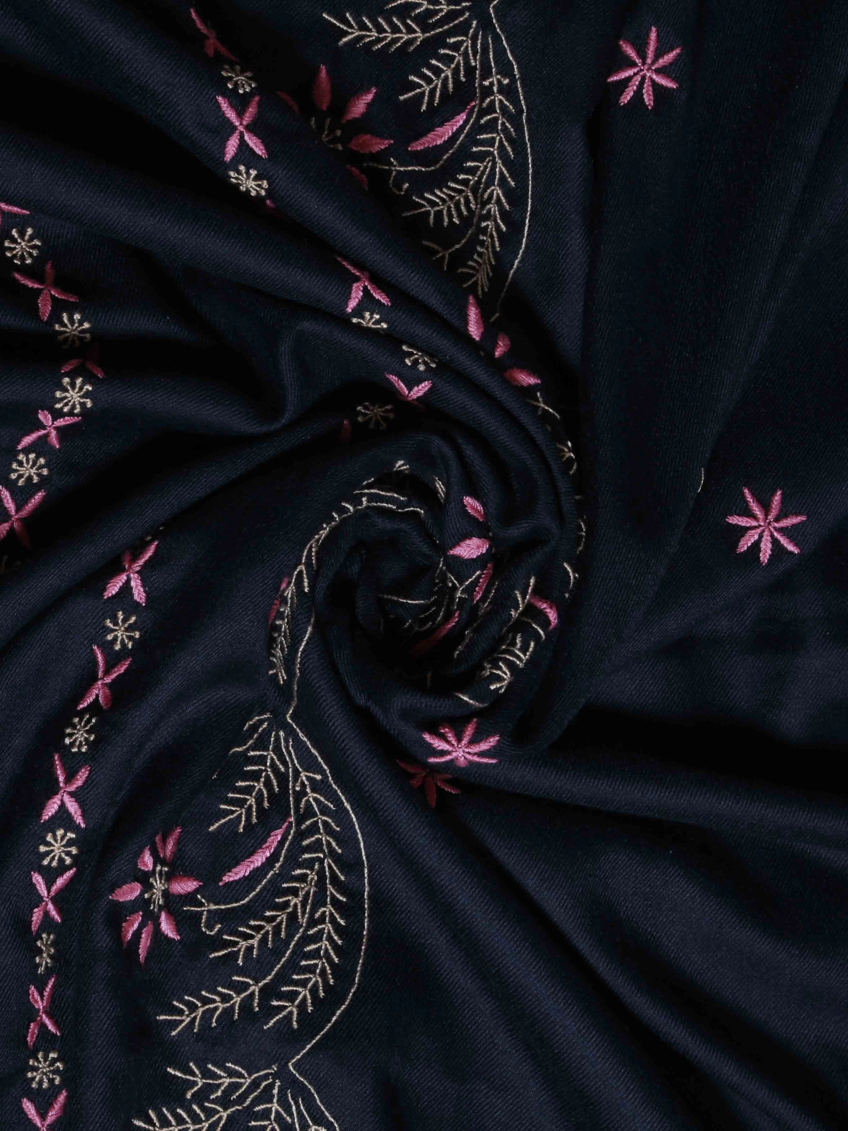 Ada Hand Embroidered Black Woolen Pashmina Lucknowi Chikankari Stole 01A334923