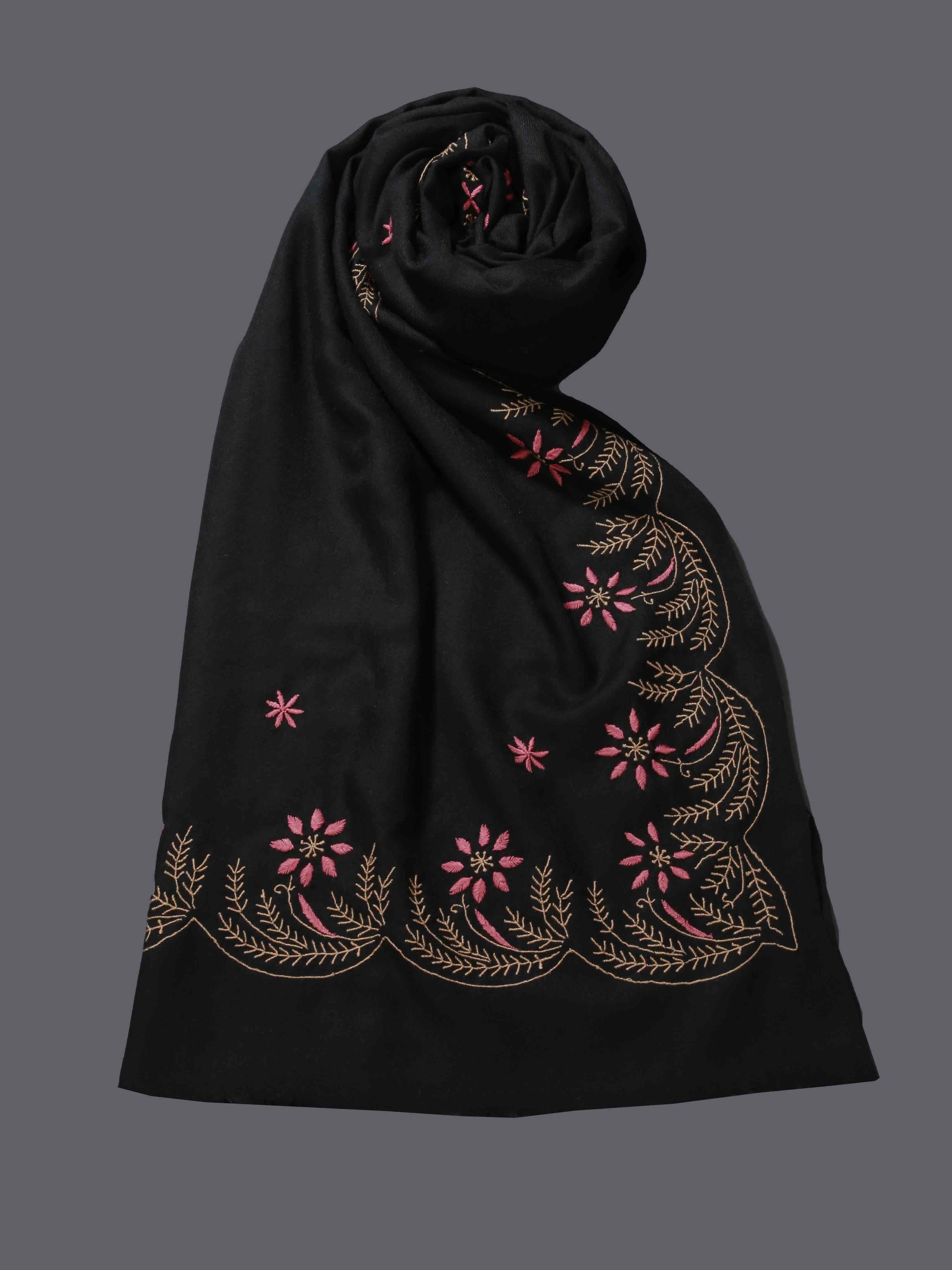 Ada Hand Embroidered Black Woolen Pashmina Lucknowi Chikankari Stole 01A334923