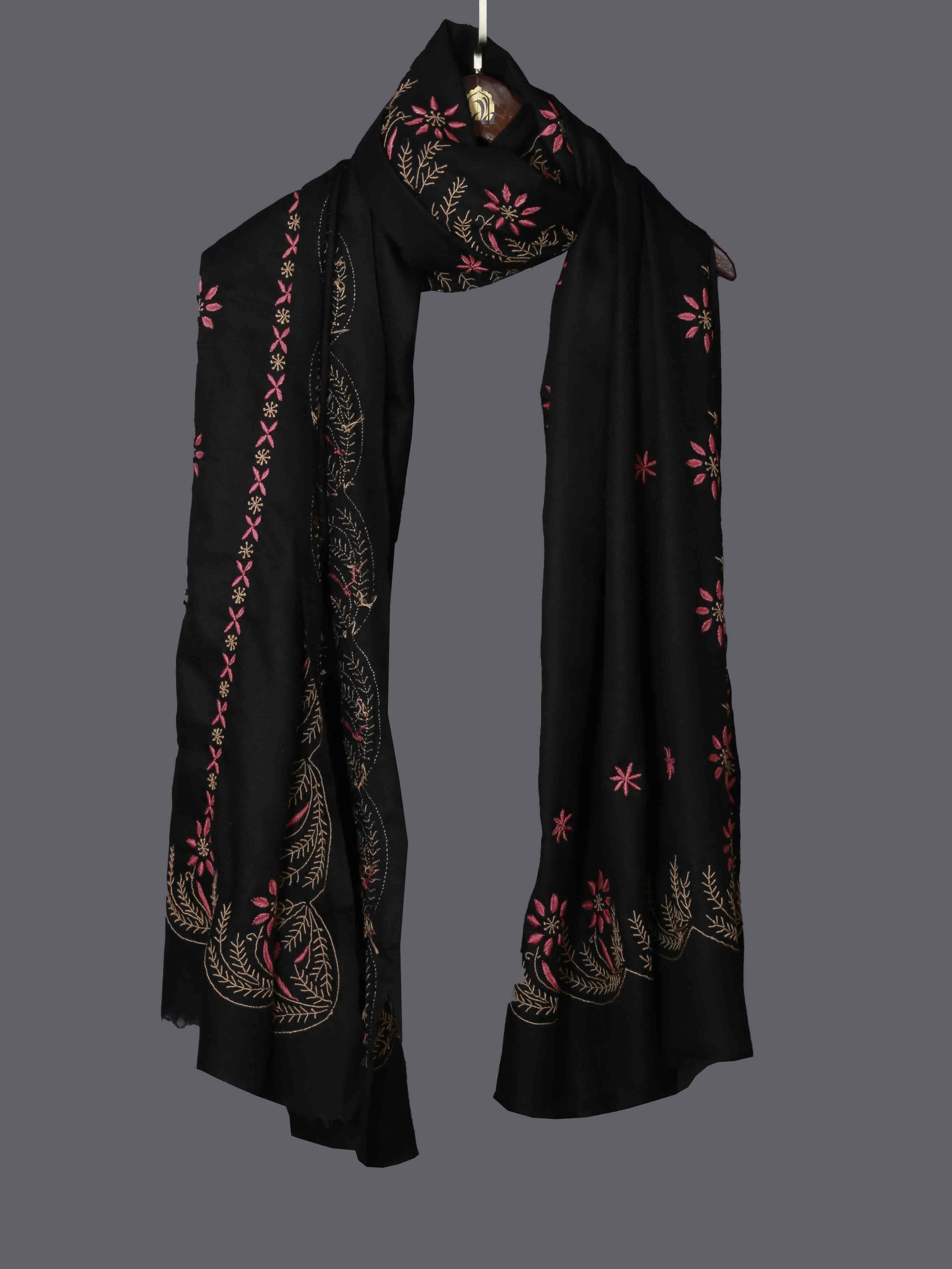 Ada Hand Embroidered Black Woolen Pashmina Lucknowi Chikankari Stole 01A334923