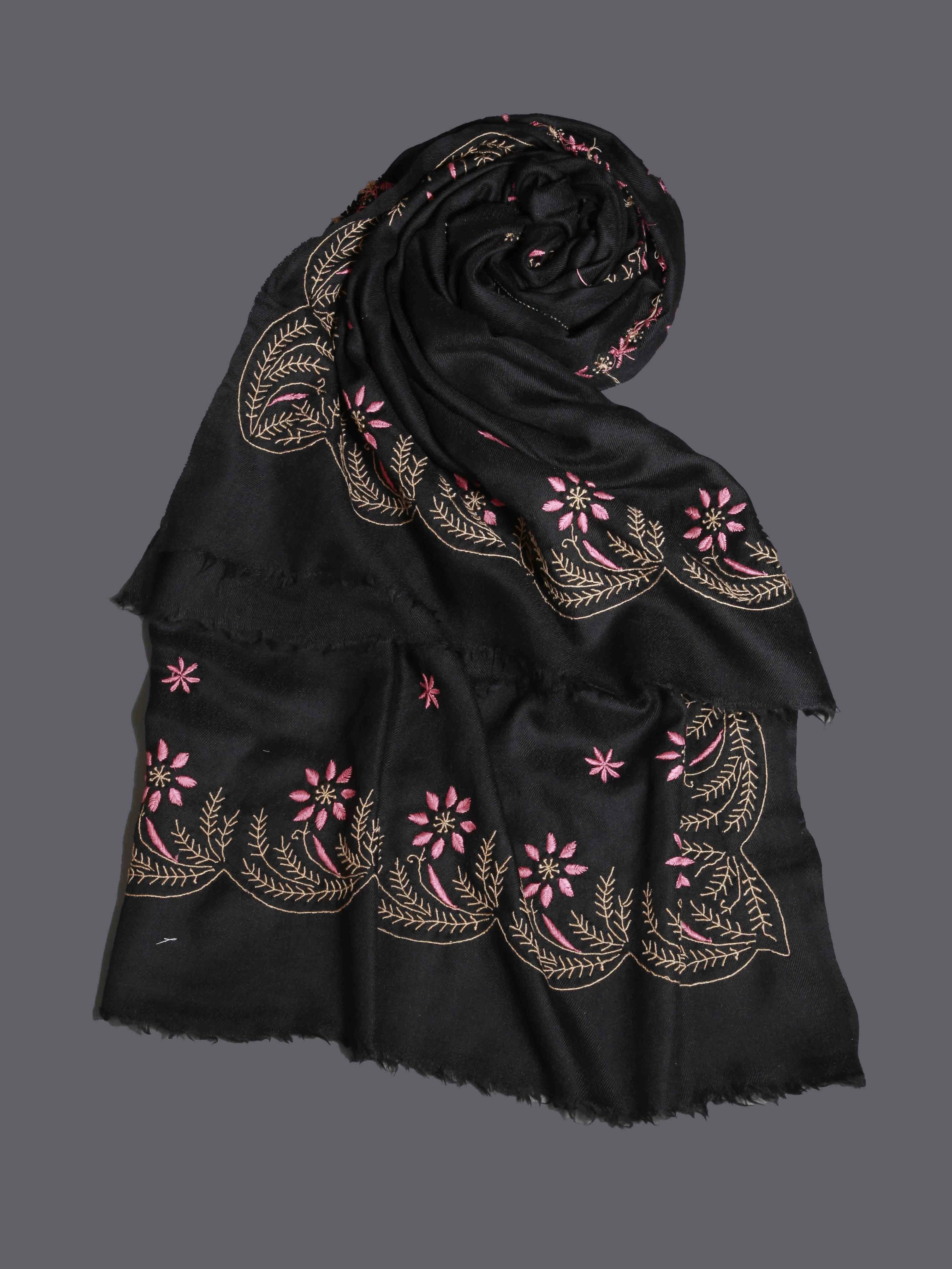 Ada Hand Embroidered Black Woolen Pashmina Lucknowi Chikankari Stole 01A334923