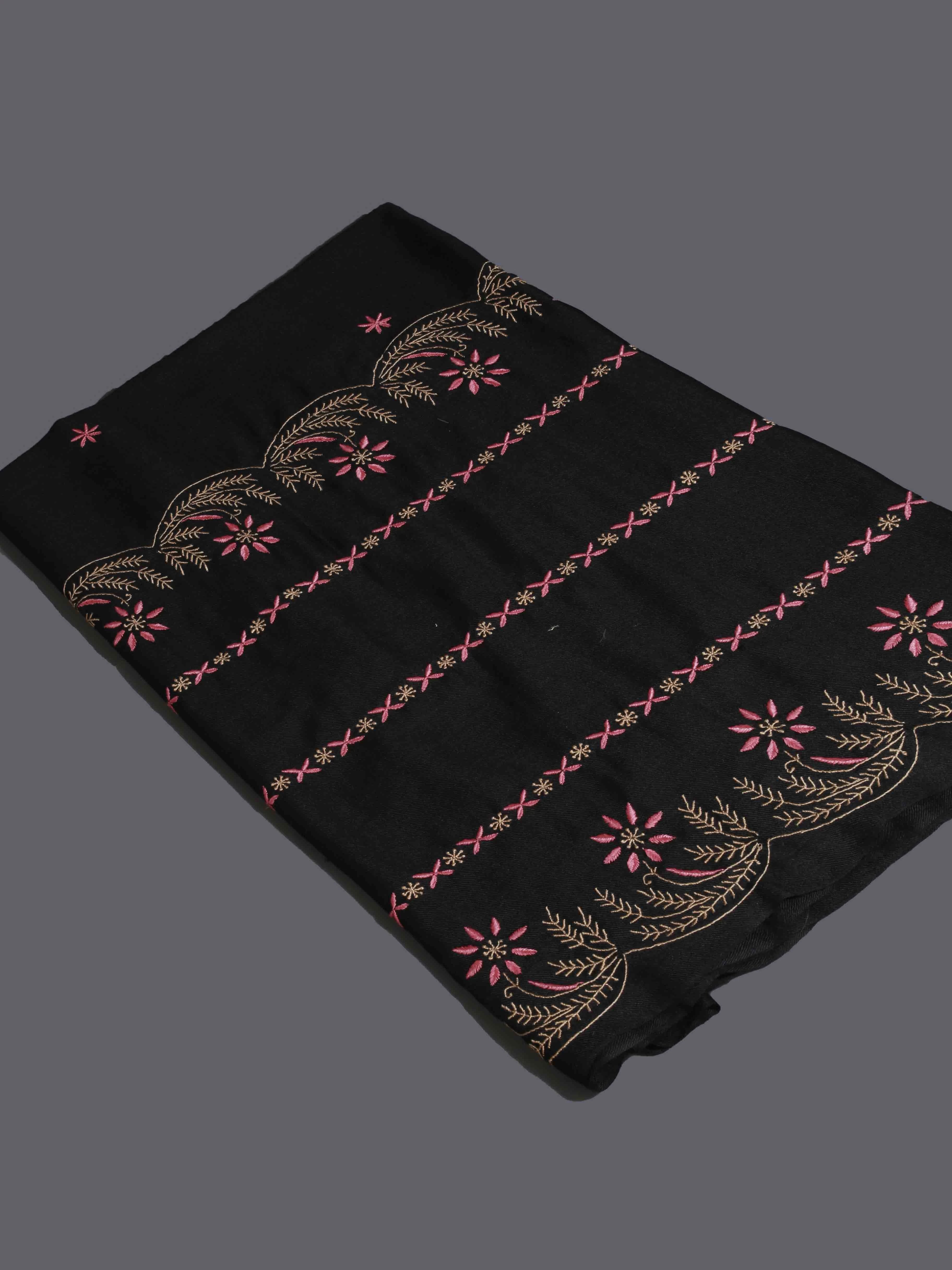 Ada Hand Embroidered Black Woolen Pashmina Lucknowi Chikankari Stole 01A334923
