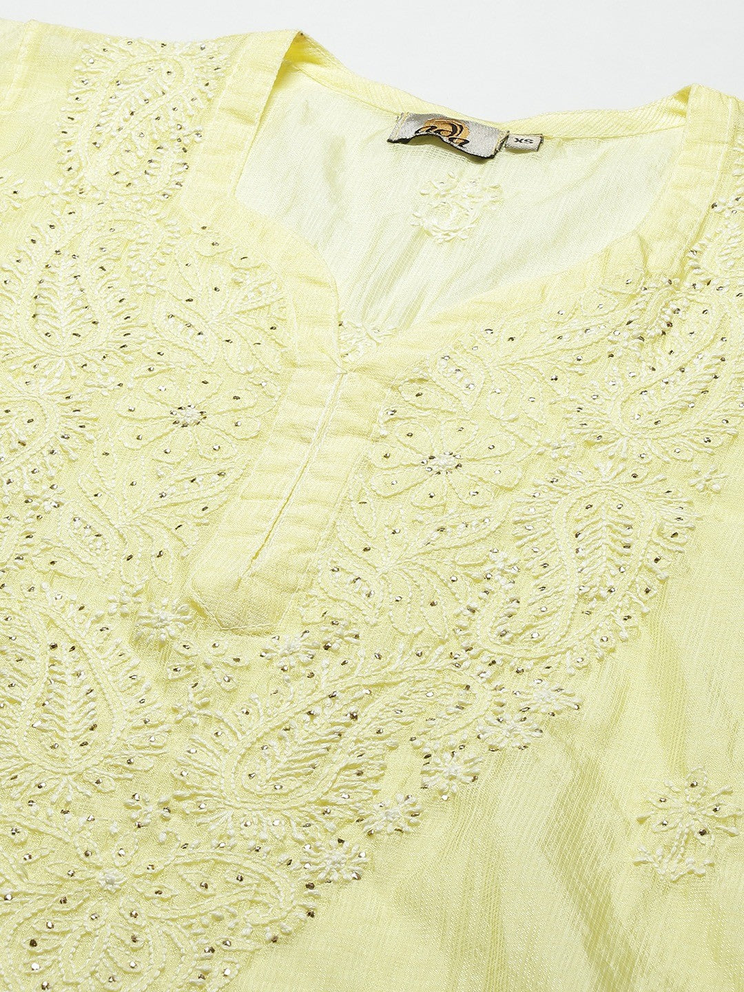 Ada Hand Embroidered Lemon Kota Lucknow Chikankari Straight Kurta/Slip With Muqaish Work A411293