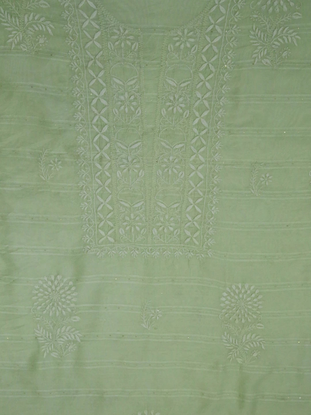 Ada Hand Embroidered Tea Green Chanderi Lucknowi Chikankari Unstitched Kurta Piece With Sequins Work 01A421884