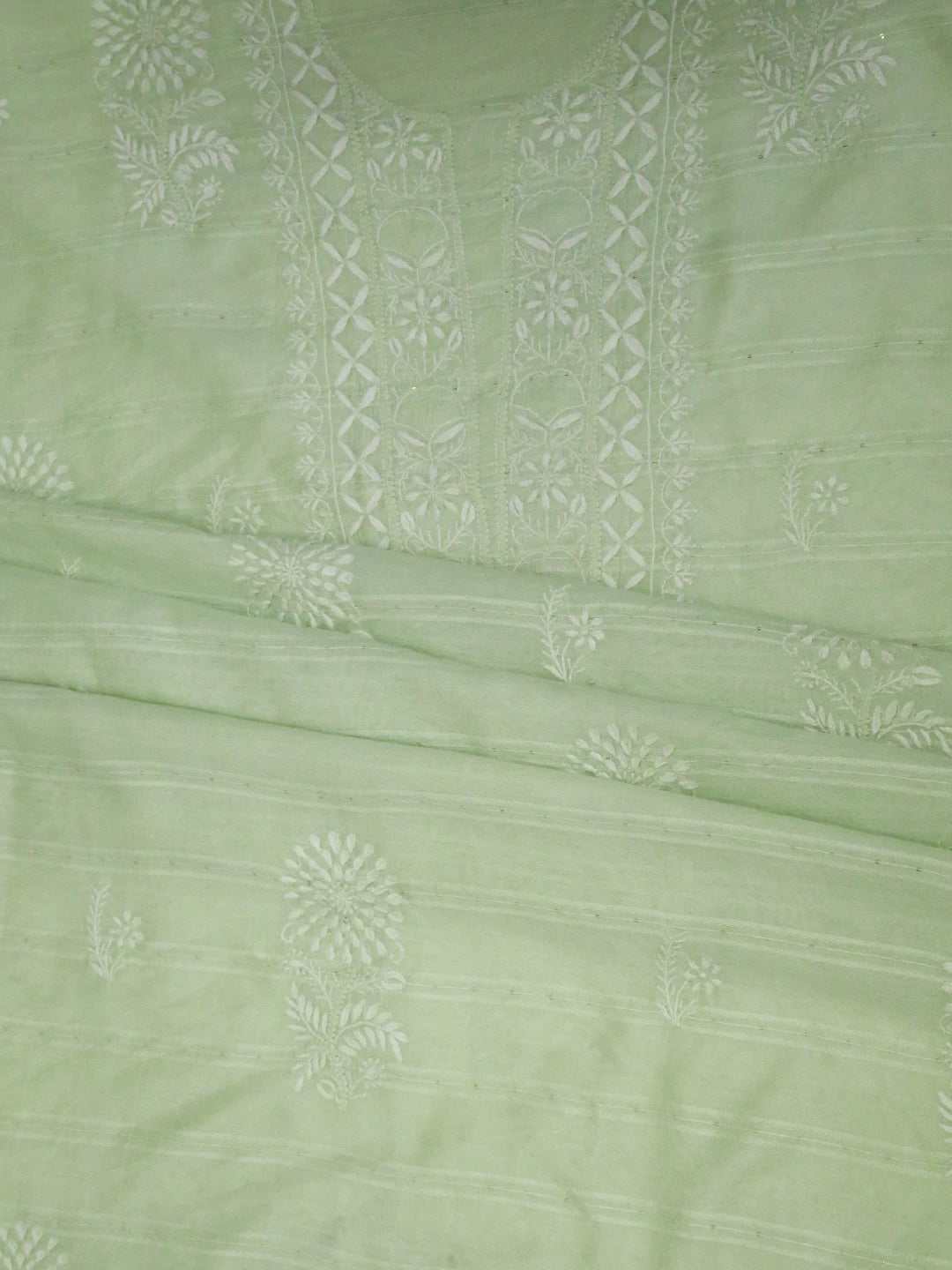 Ada Hand Embroidered Tea Green Chanderi Lucknowi Chikankari Unstitched Kurta Piece With Sequins Work 01A421884