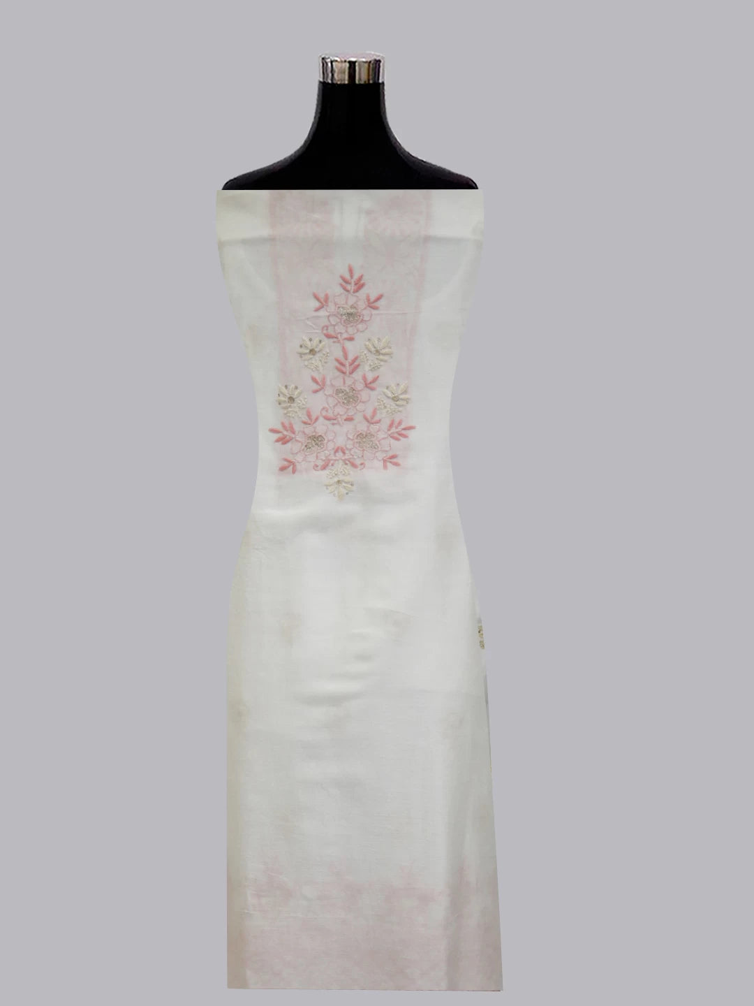 Ada Hand Embroidered Pearl White Chanderi Lucknowi Chikankari Unstitched Kurta Piece With Zari Work 01A395448