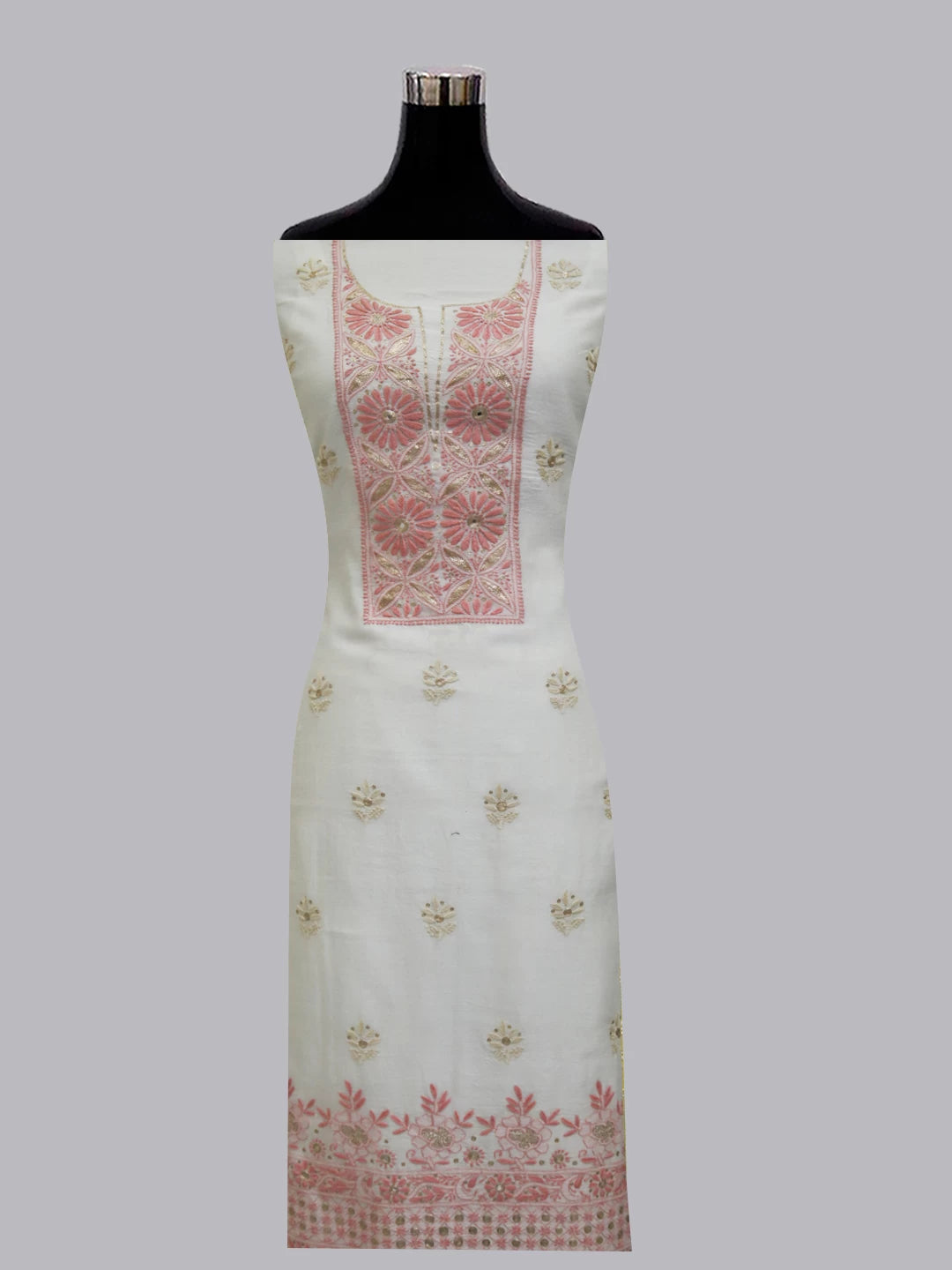 Ada Hand Embroidered Pearl White Chanderi Lucknowi Chikankari Unstitched Kurta Piece With Zari Work 01A395448