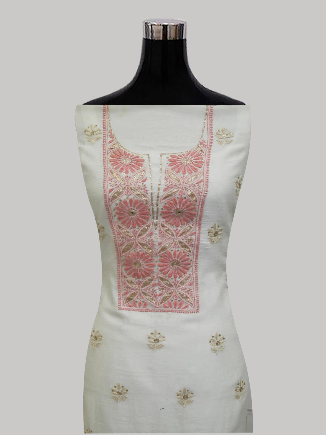 Ada Hand Embroidered Pearl White Chanderi Lucknowi Chikankari Unstitched Kurta Piece With Zari Work 01A395448