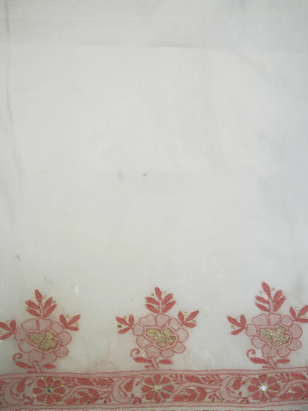 Ada Hand Embroidered Pearl White Chanderi Lucknowi Chikankari Unstitched Kurta Piece With Zari Work 01A395448