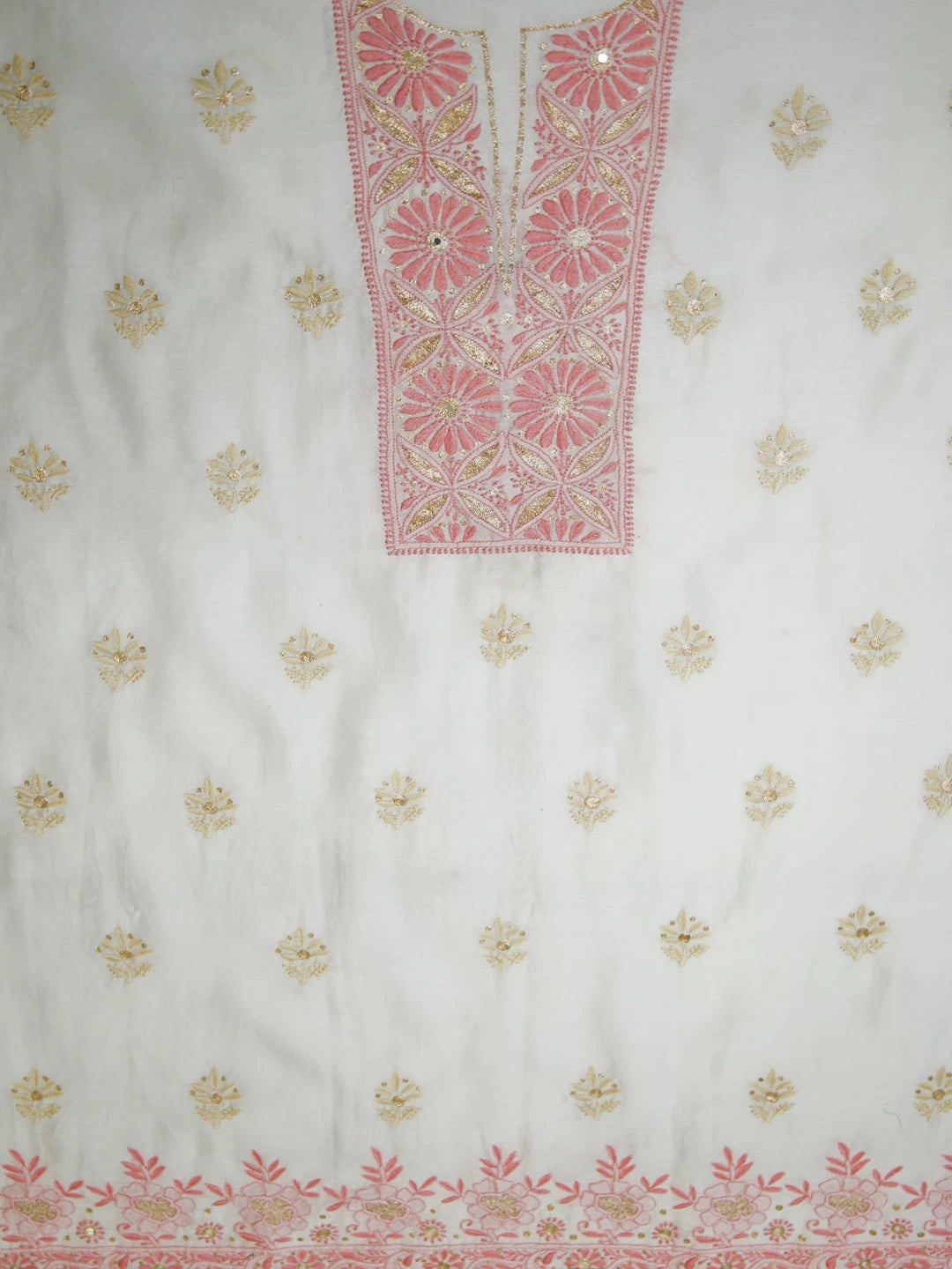 Ada Hand Embroidered Pearl White Chanderi Lucknowi Chikankari Unstitched Kurta Piece With Zari Work 01A395448