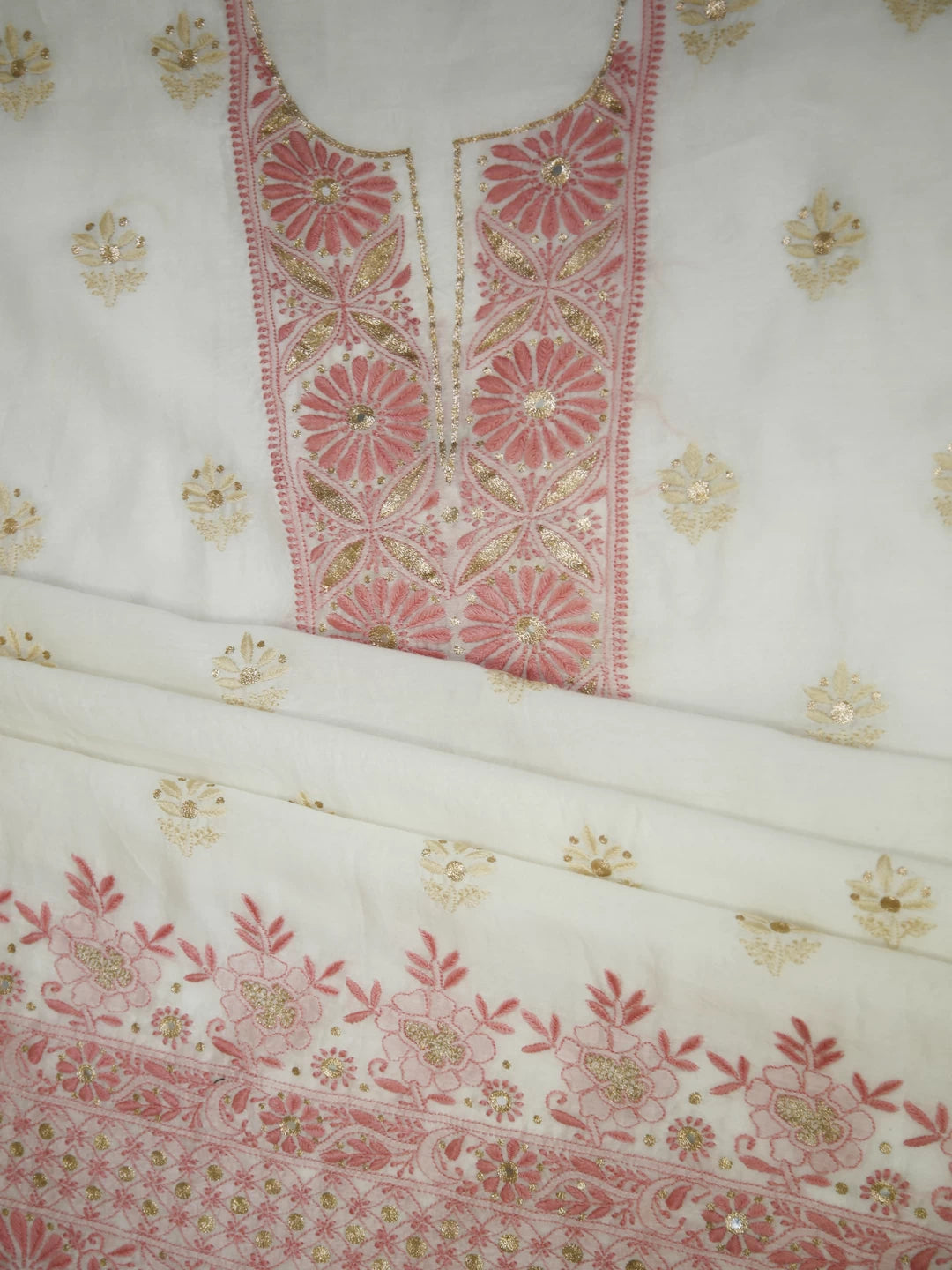 Ada Hand Embroidered Pearl White Chanderi Lucknowi Chikankari Unstitched Kurta Piece With Zari Work 01A395448
