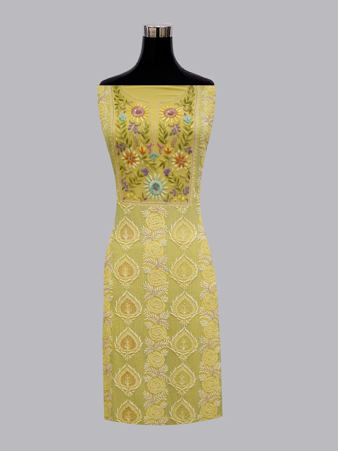 Ada Hand Embroidered Yellow Pure Georgette Lucknowi Chikankari Unstitched Kurta Dupatta Set With Parsi Work 01A362451