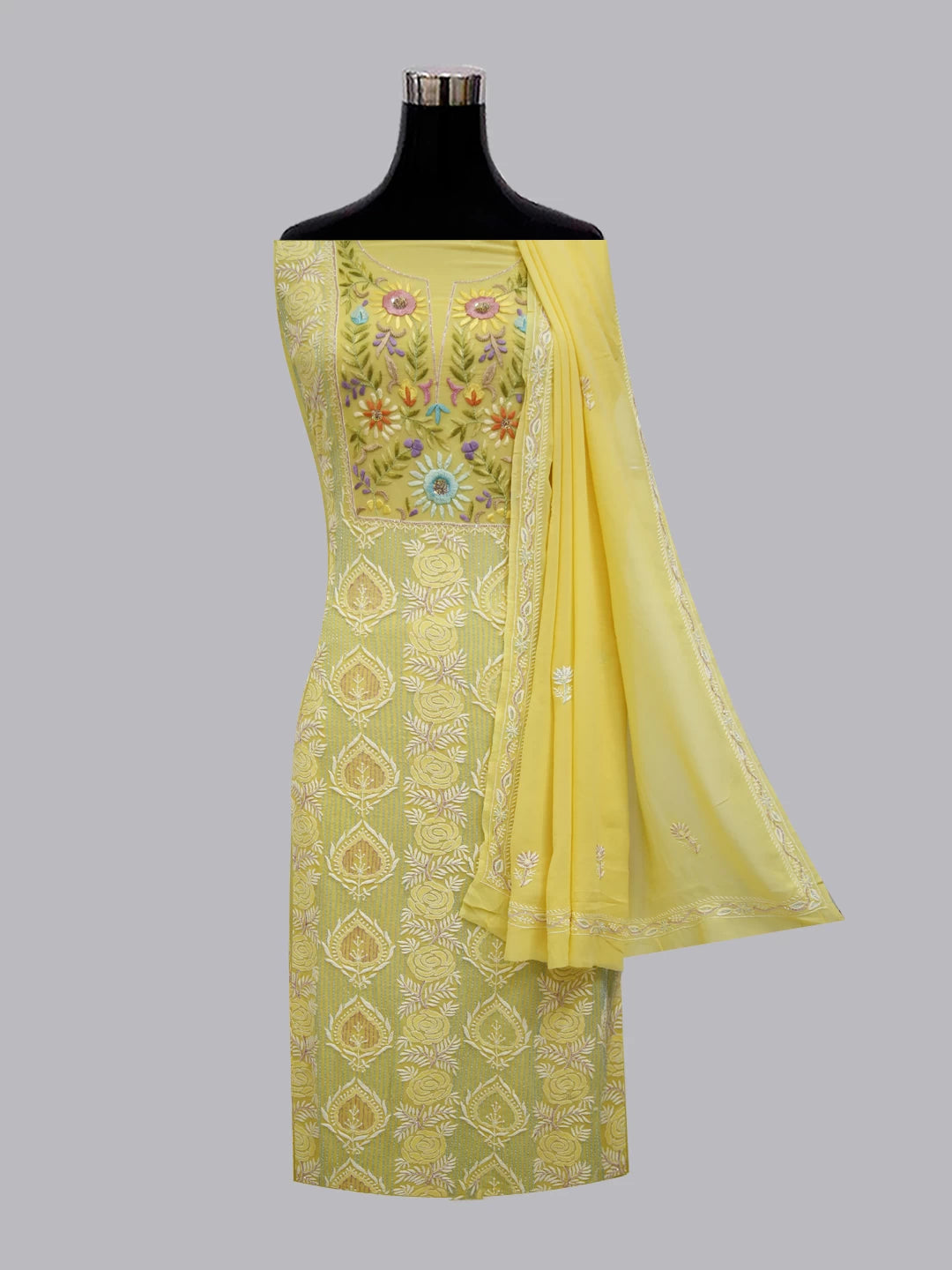 Ada Hand Embroidered Yellow Pure Georgette Lucknowi Chikankari Unstitched Kurta Dupatta Set With Parsi Work 01A362451