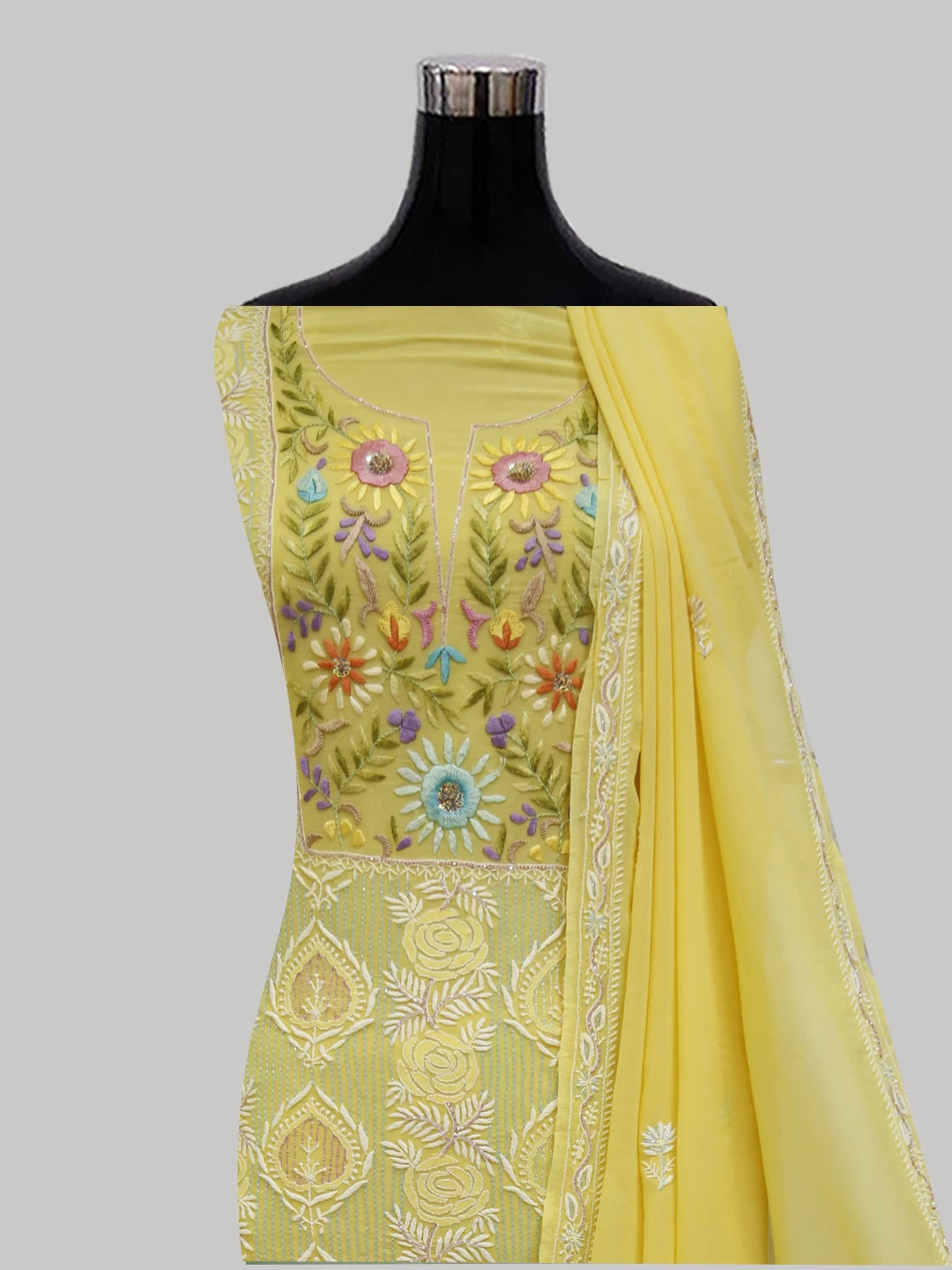 Ada Hand Embroidered Yellow Pure Georgette Lucknowi Chikankari Unstitched Kurta Dupatta Set With Parsi Work 01A362451