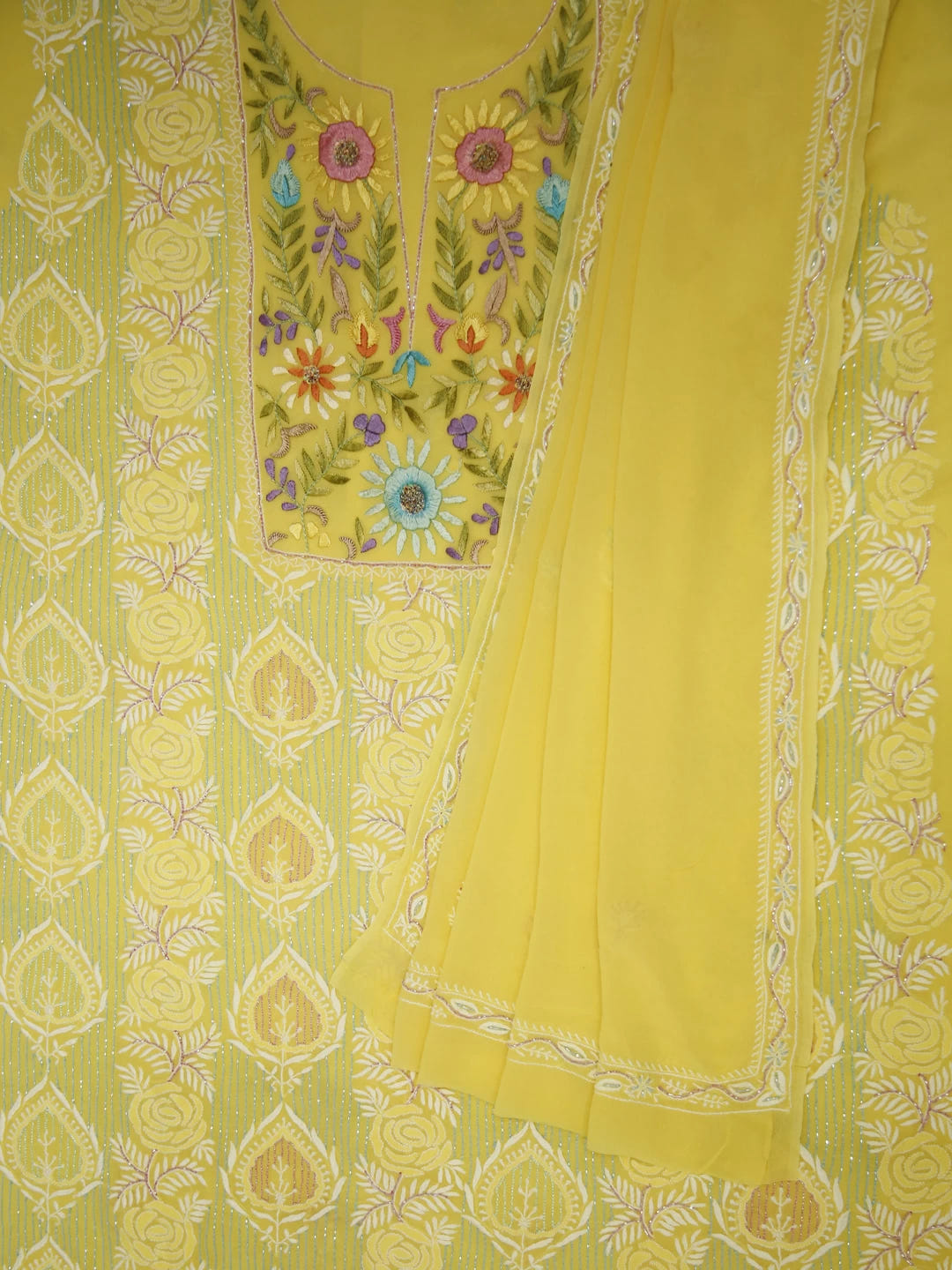 Ada Hand Embroidered Yellow Pure Georgette Lucknowi Chikankari Unstitched Kurta Dupatta Set With Parsi Work 01A362451