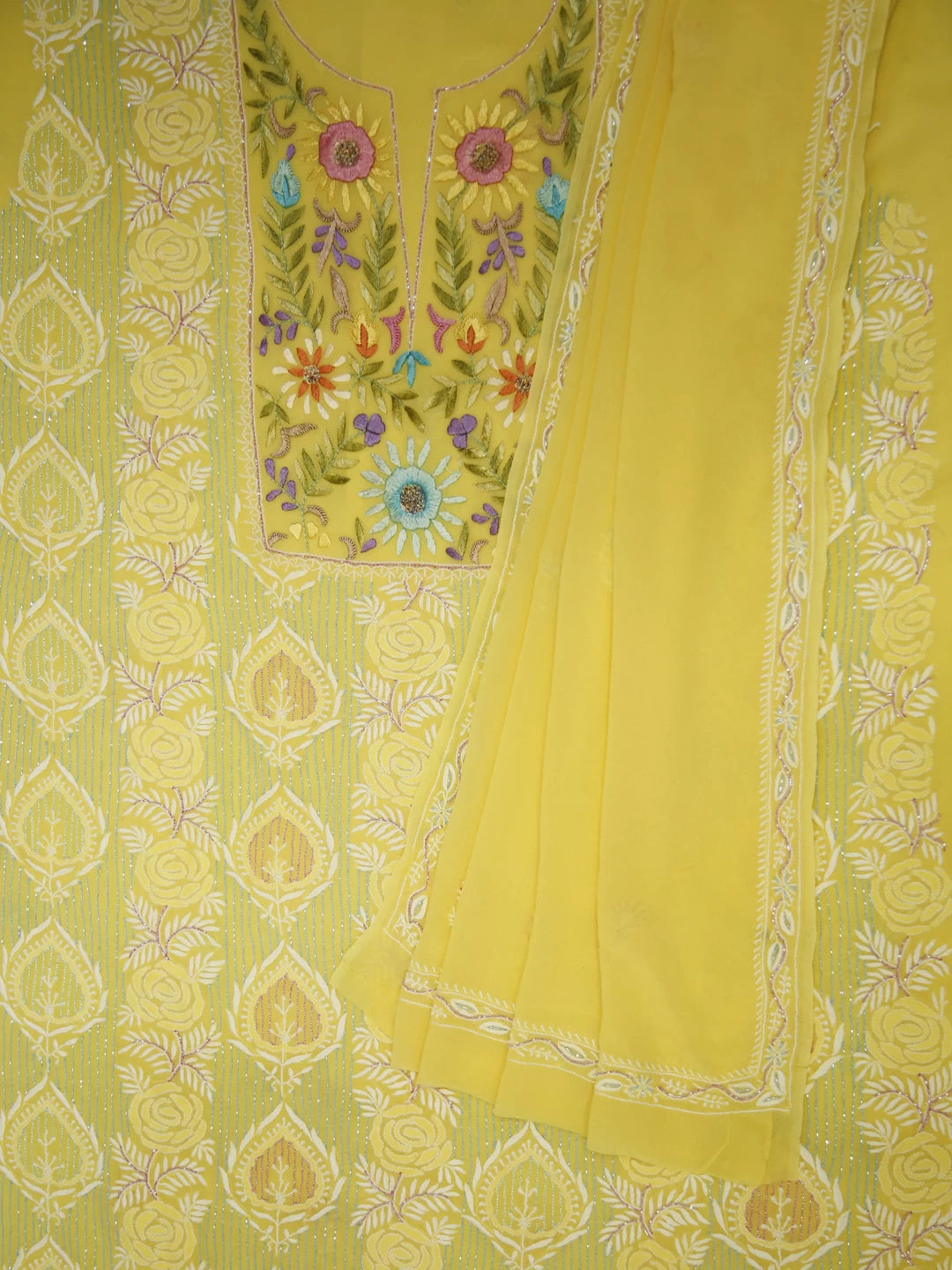 Ada Hand Embroidered Yellow Pure Georgette Lucknowi Chikankari Unstitched Kurta Dupatta Set With Parsi Work 01A362451