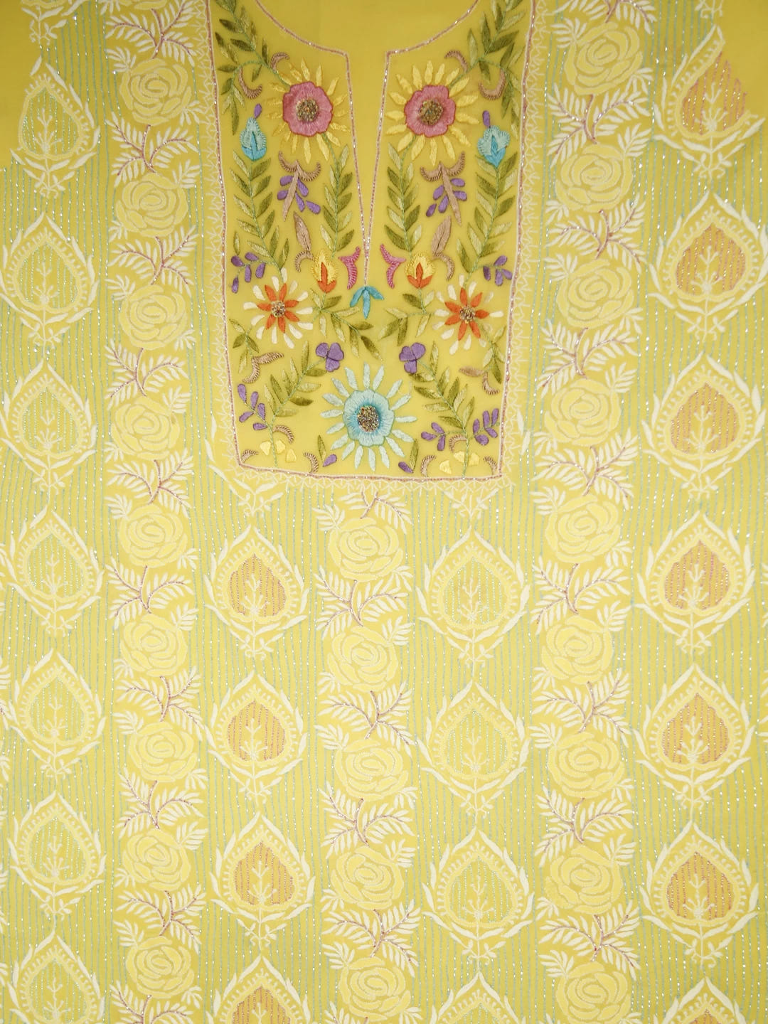 Ada Hand Embroidered Yellow Pure Georgette Lucknowi Chikankari Unstitched Kurta Dupatta Set With Parsi Work 01A362451