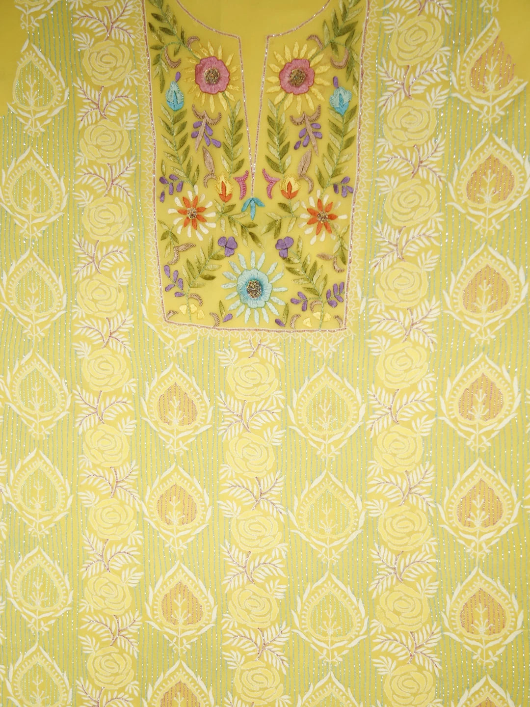 Ada Hand Embroidered Yellow Pure Georgette Lucknowi Chikankari Unstitched Kurta Dupatta Set With Parsi Work 01A362451