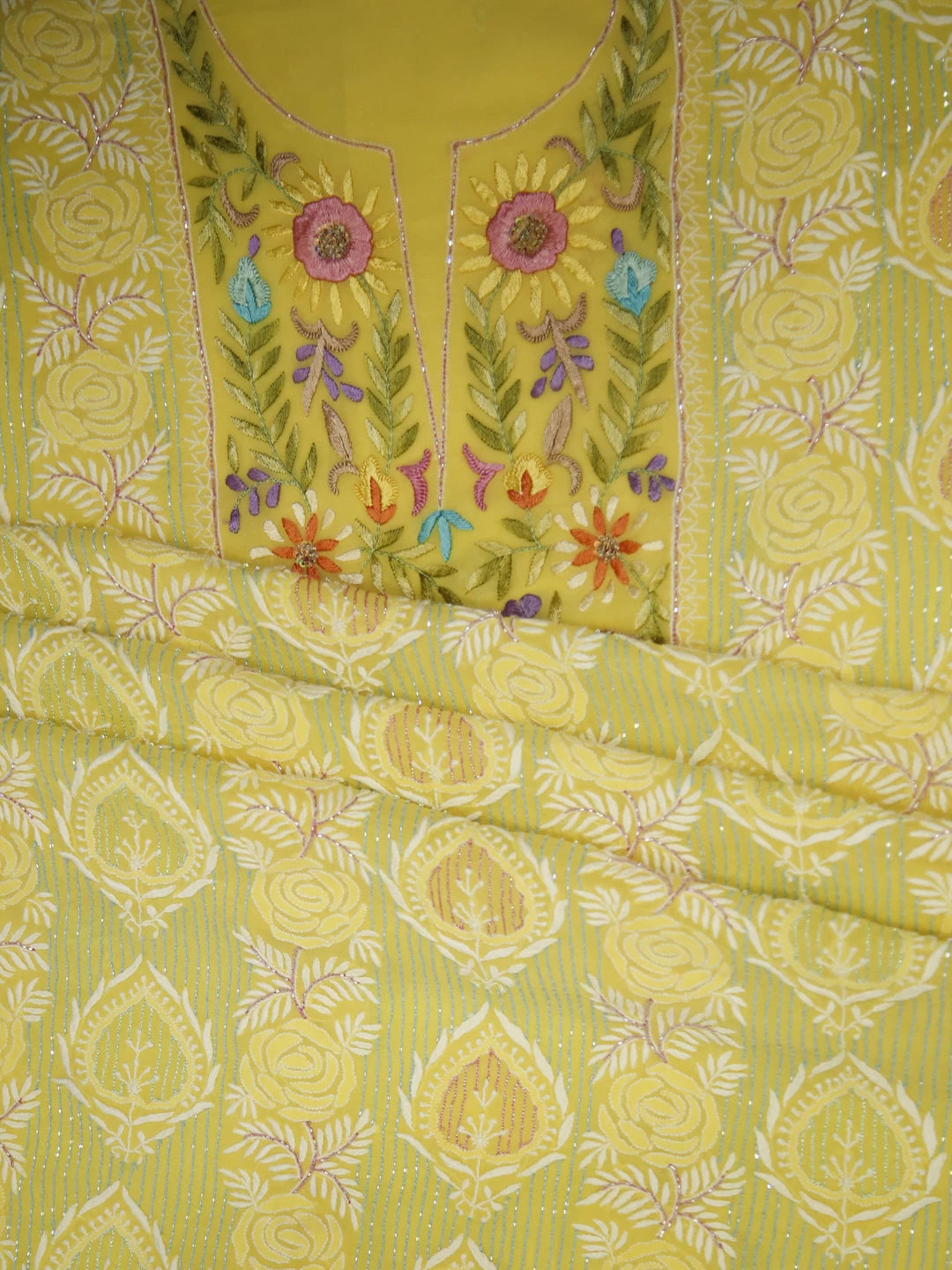 Ada Hand Embroidered Yellow Pure Georgette Lucknowi Chikankari Unstitched Kurta Dupatta Set With Parsi Work 01A362451