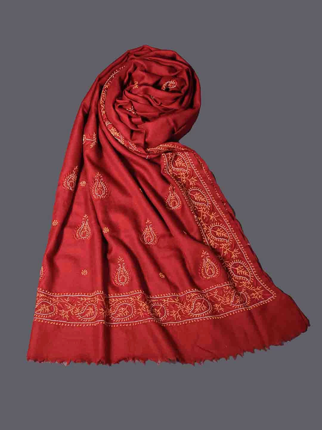 Ada Hand Embroidered Maroon Pashmina Lucknowi Chikankari Stole 01A334897