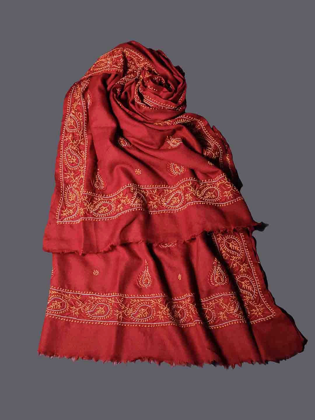 Ada Hand Embroidered Maroon Pashmina Lucknowi Chikankari Stole 01A334897