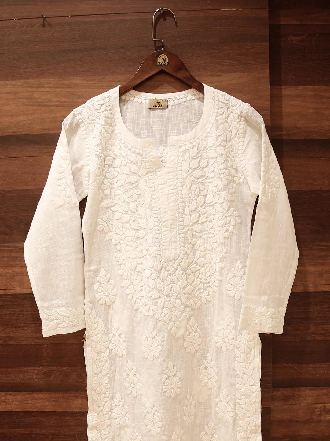 Ada Hand Embroidered White Linen Lucknowi Chikankari Straight Kurta A411506